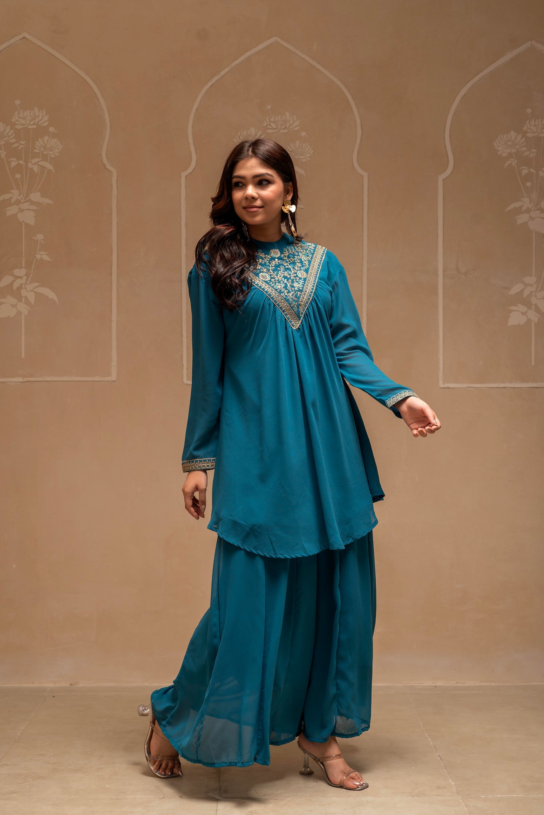 Teal Solid Poly Georgette Tunic and Sharara Co-ord Set with Sequence a