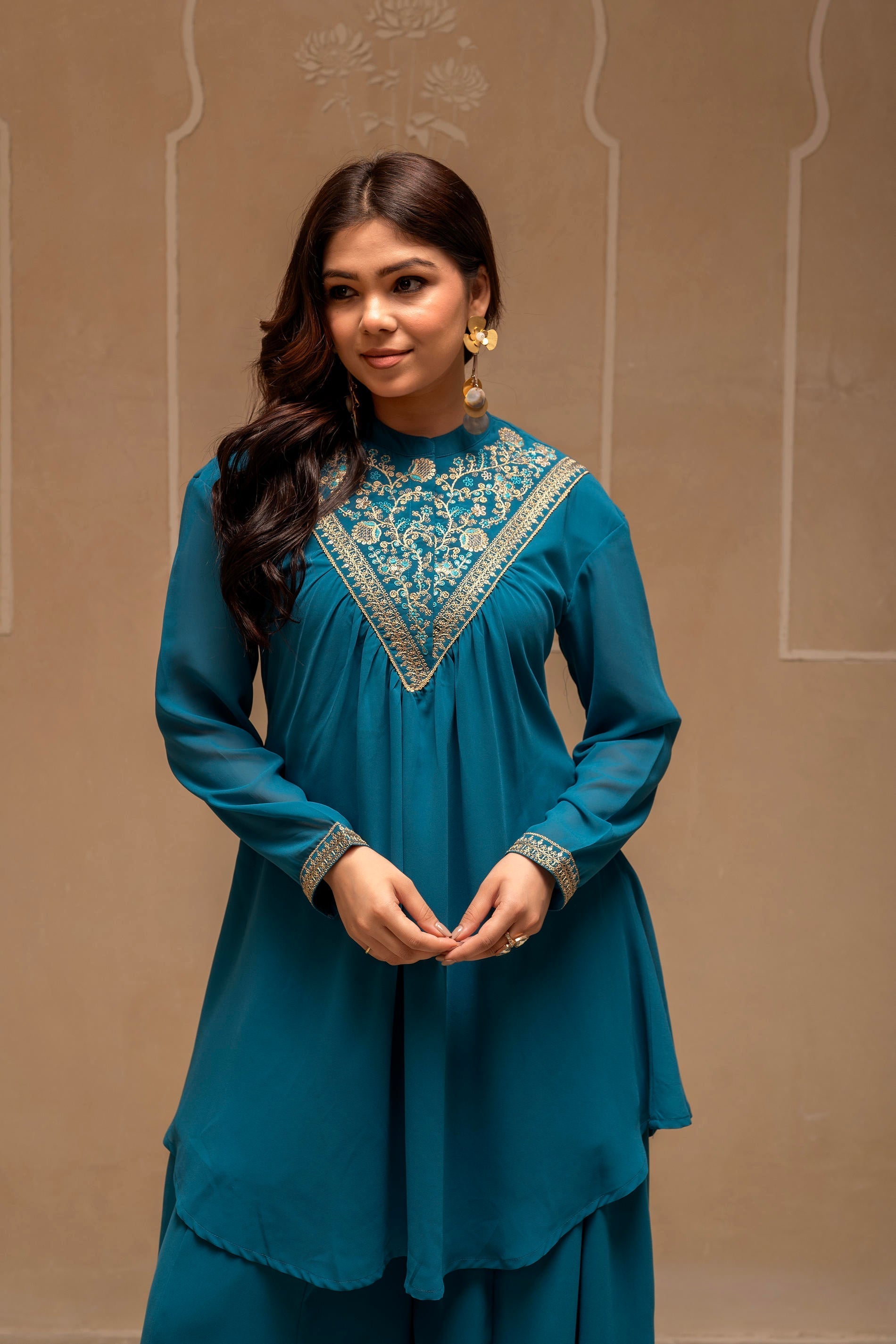 Teal Solid Poly Georgette Tunic and Sharara Co-ord Set with Sequence a