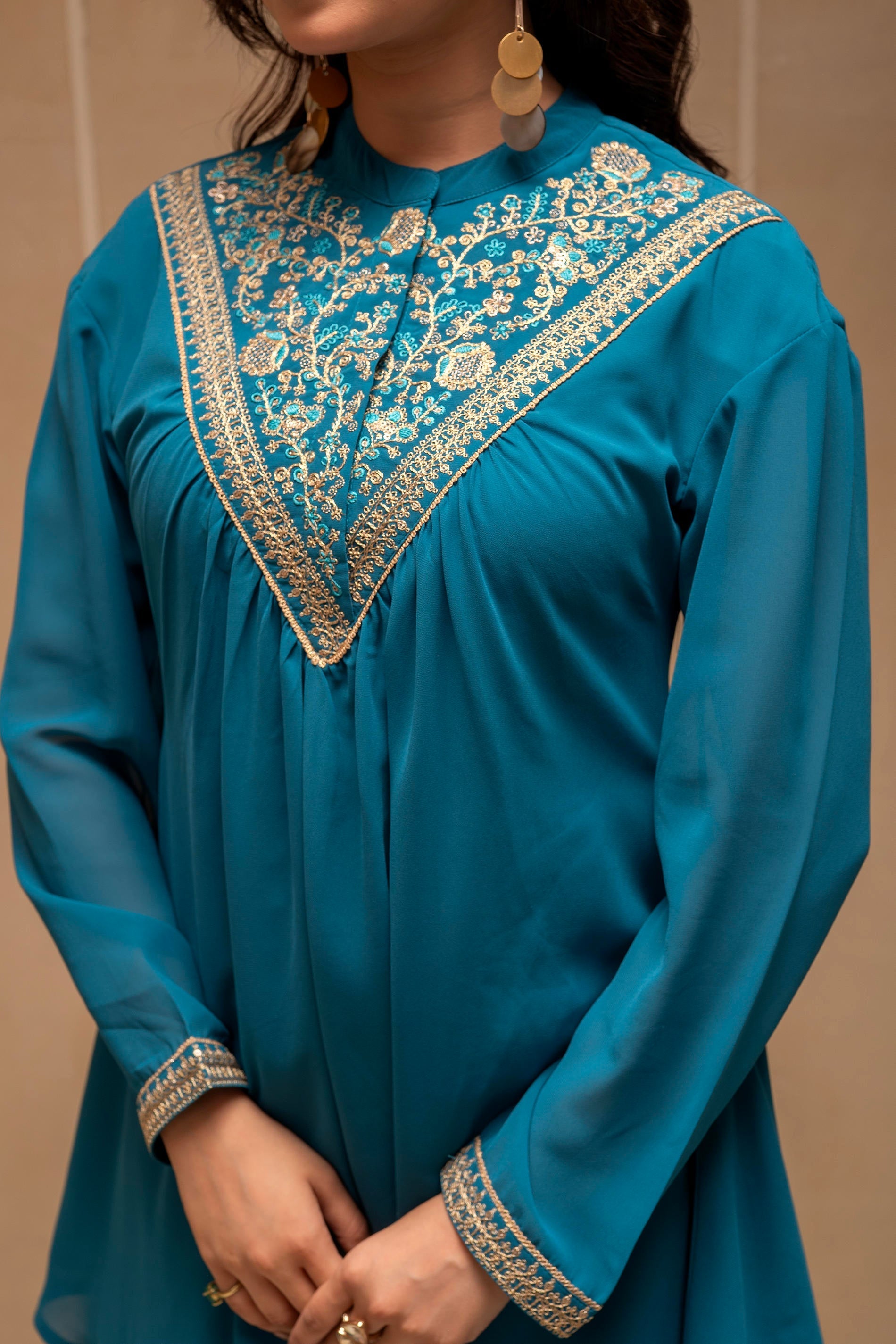Teal Solid Poly Georgette Tunic and Sharara Co-ord Set with Sequence a