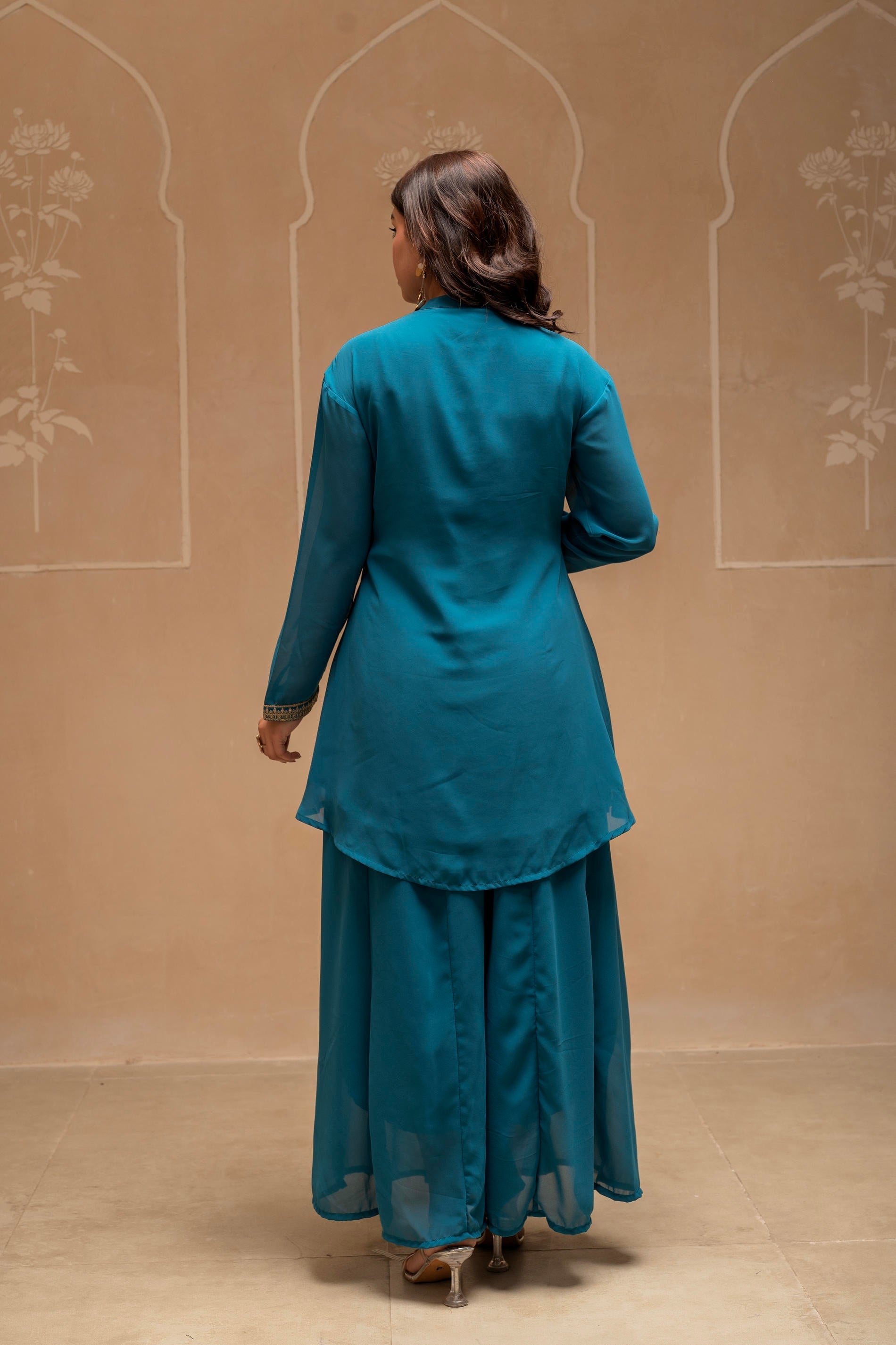 Teal Solid Poly Georgette Tunic and Sharara Co-ord Set with Sequence a
