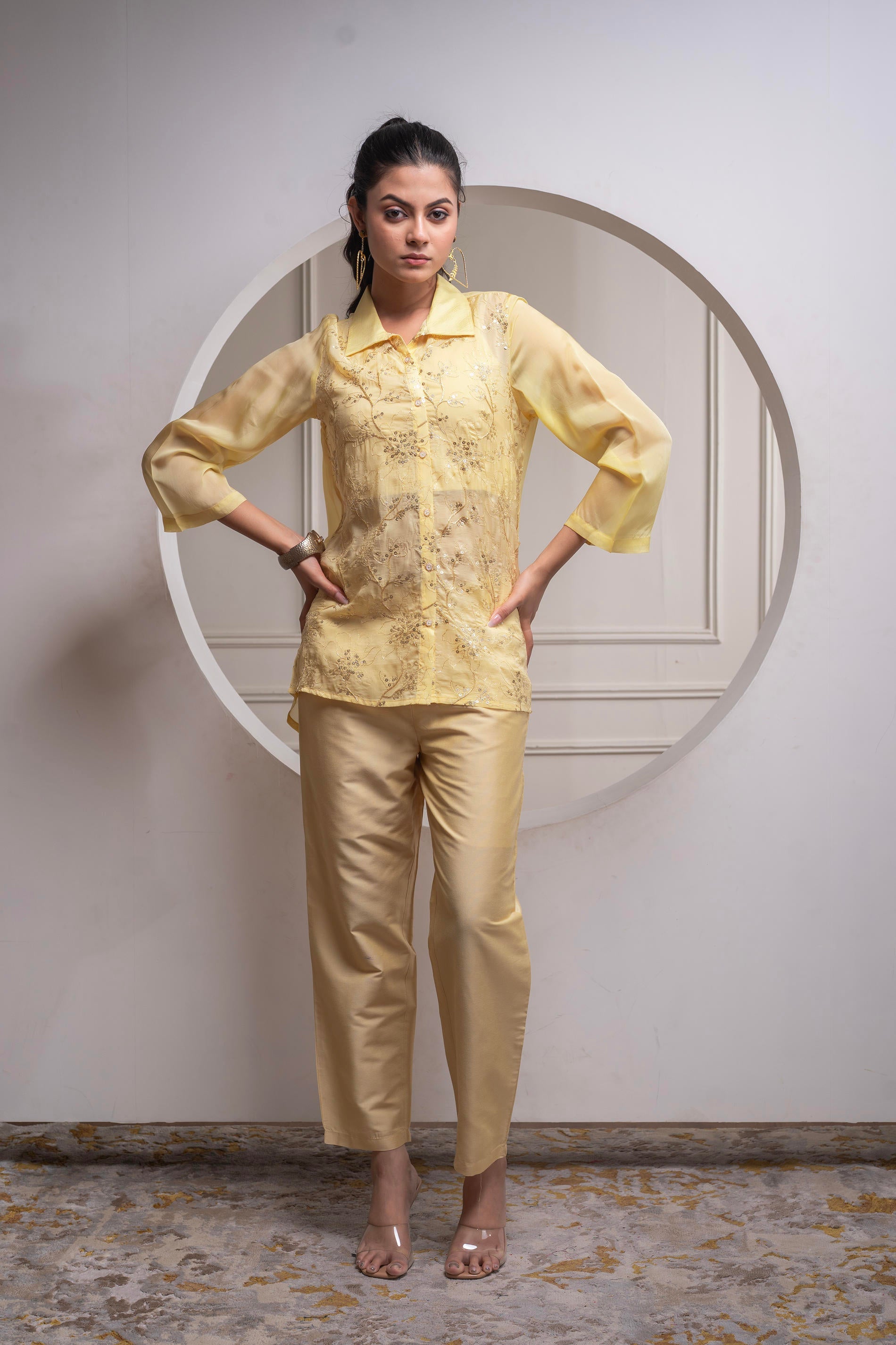 Light Yellow Solid Viscose Shirt, Cami, and Pant Co-ord Set with Seque