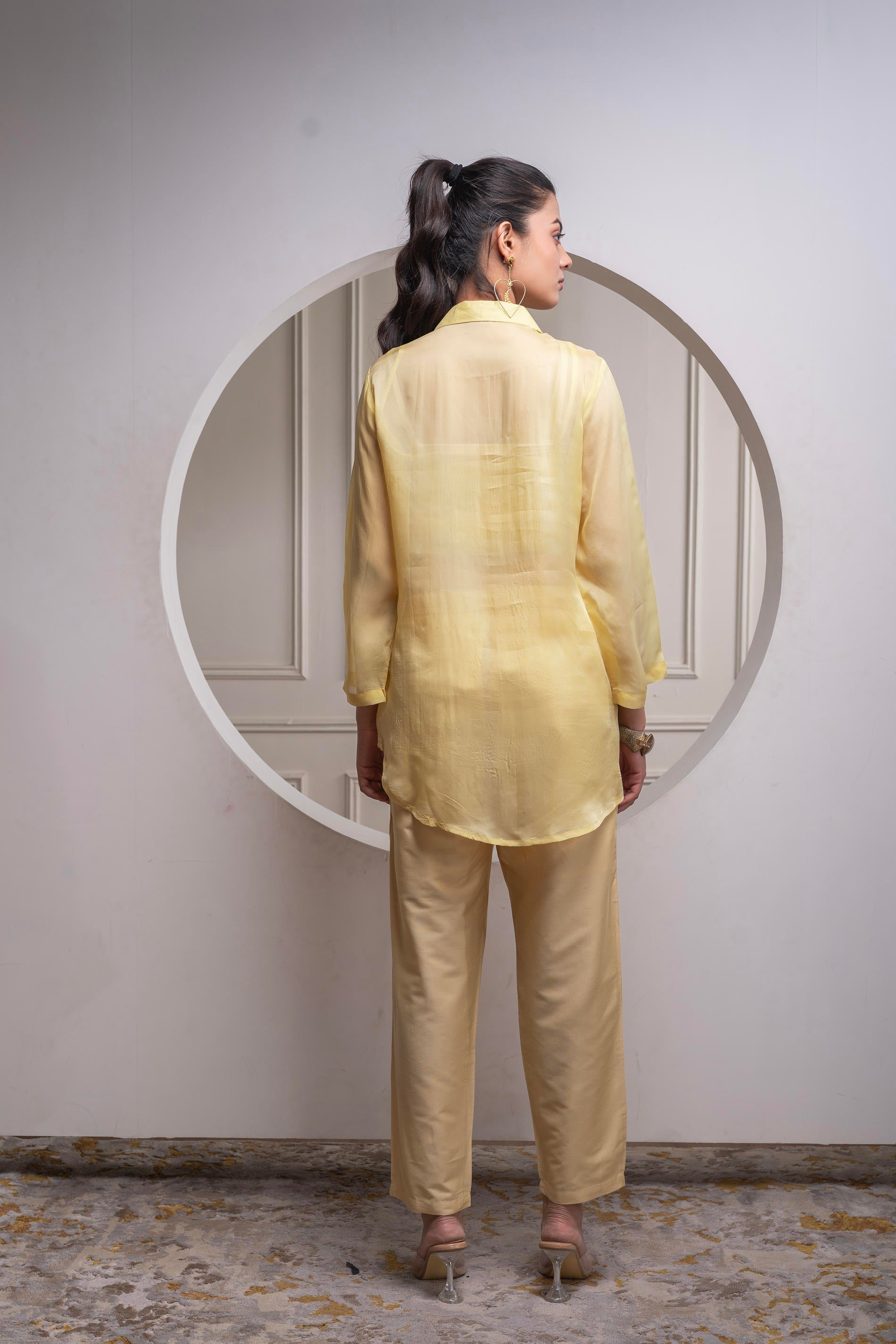 Light Yellow Solid Viscose Shirt, Cami, and Pant Co-ord Set with Seque