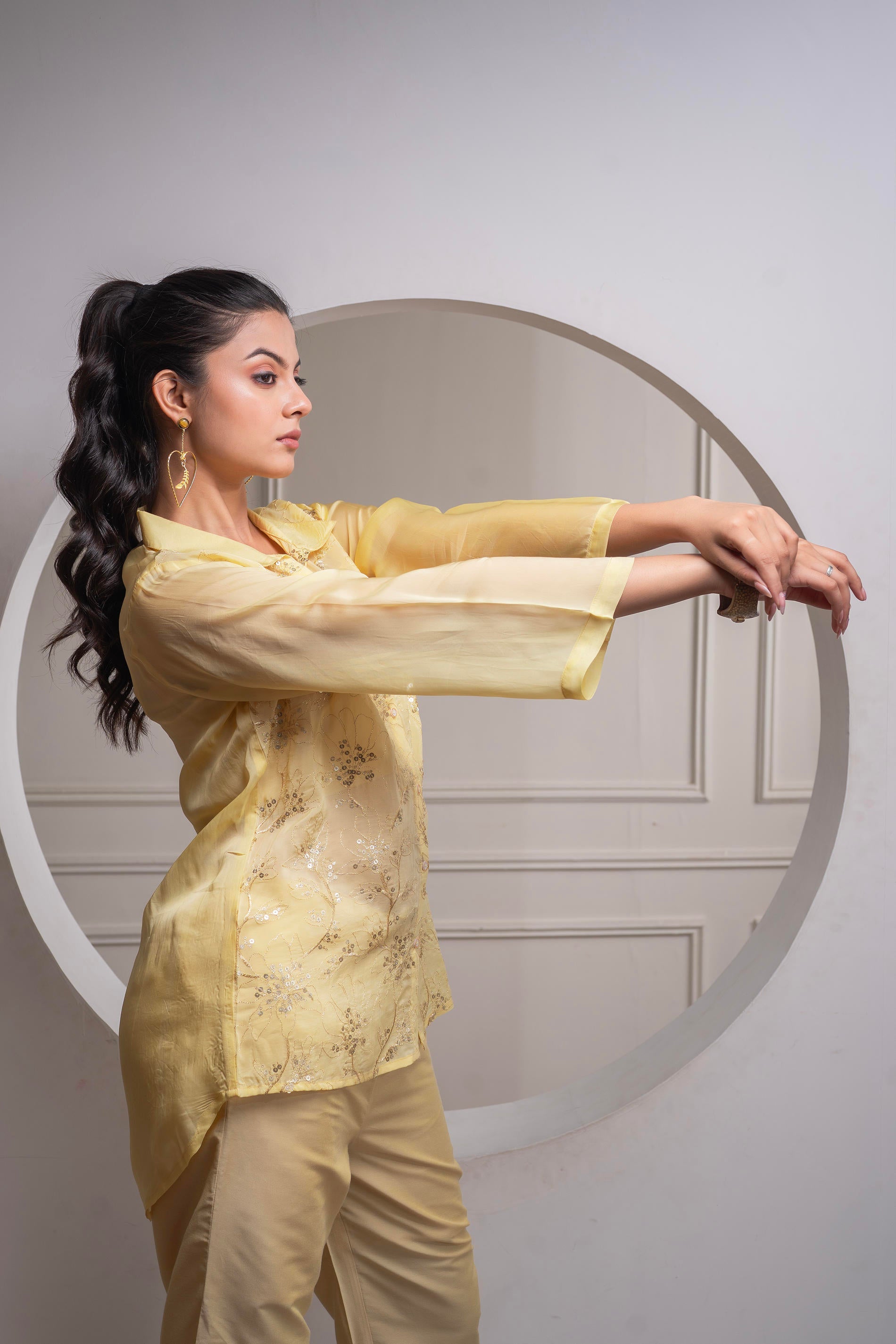 Light Yellow Solid Viscose Shirt, Cami, and Pant Co-ord Set with Seque