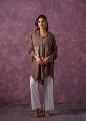 Brown Solid Viscose Shirt with Beads, Sequence, and Thread Work