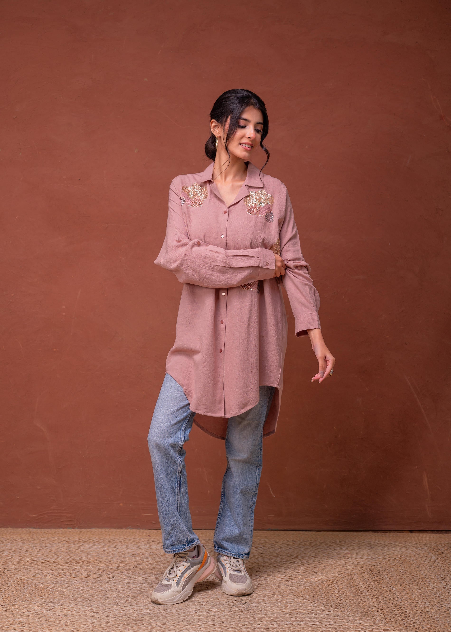 Viscose Linen Dusty Pink Embellished Shirt with Sequin & Bead Details 