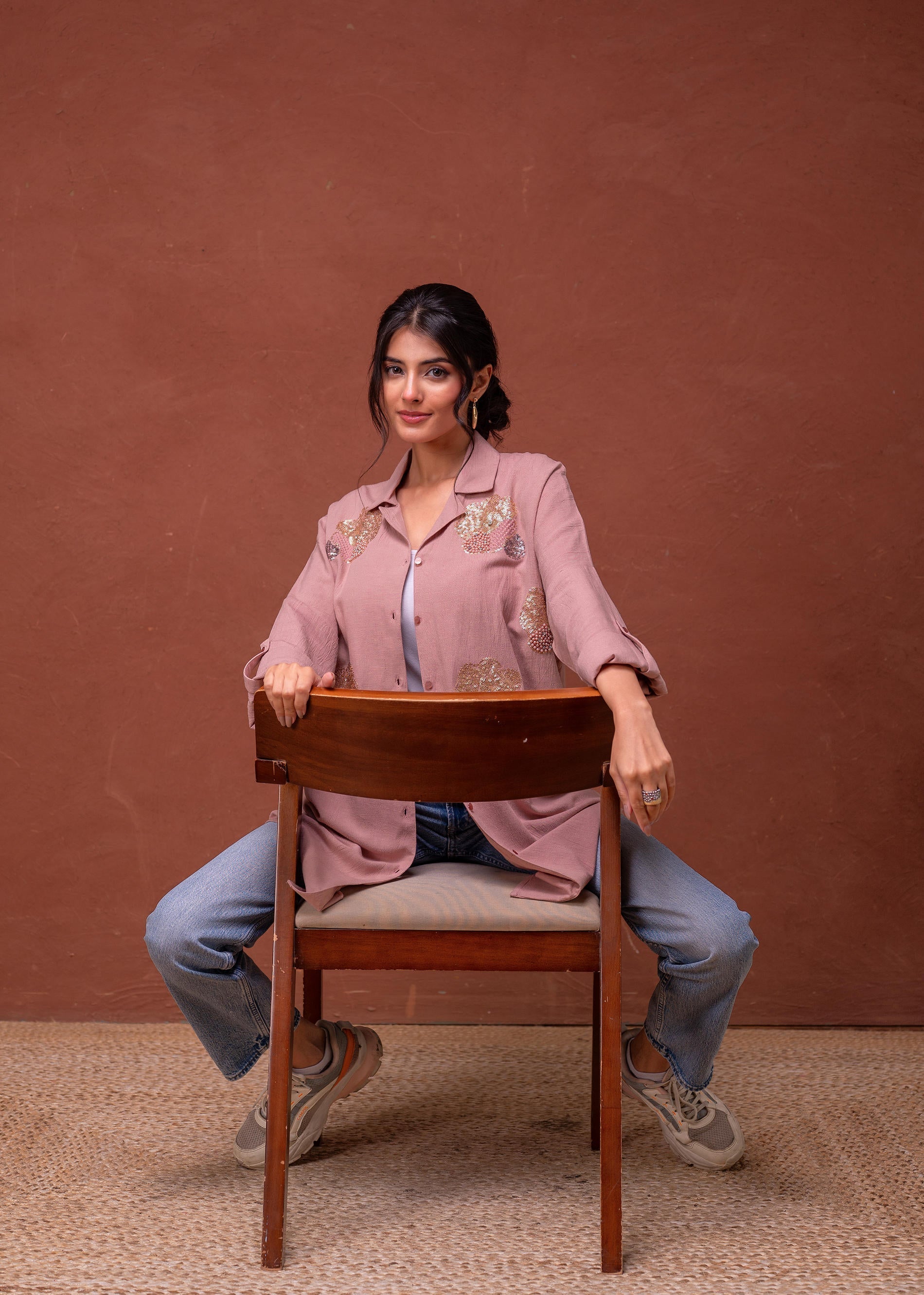 Viscose Linen Dusty Pink Embellished Shirt with Sequin & Bead Details 
