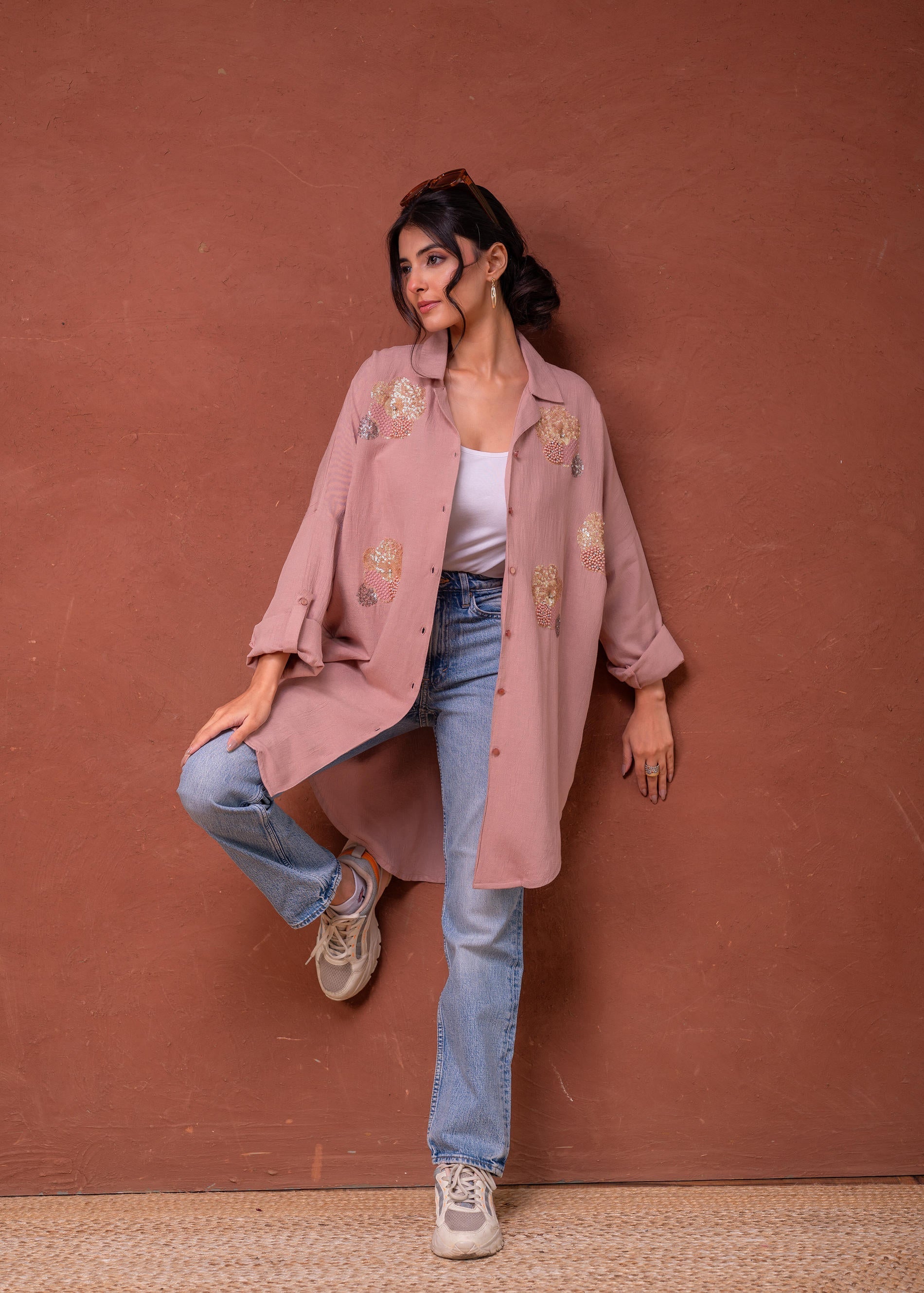 Viscose Linen Dusty Pink Embellished Shirt with Sequin & Bead Details 