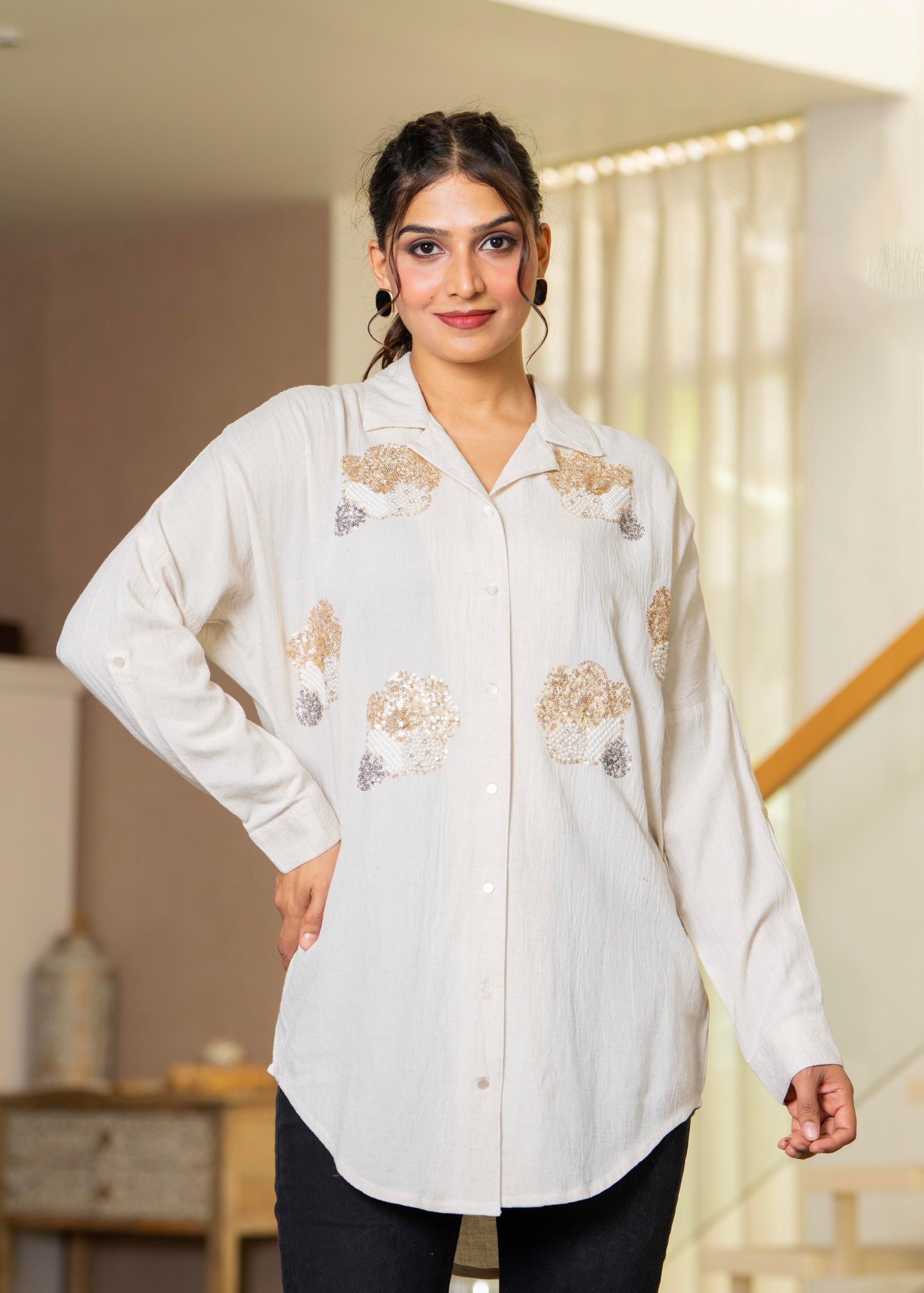 Viscose Linen Off White Embellished Shirt with Sequin & Bead Details |