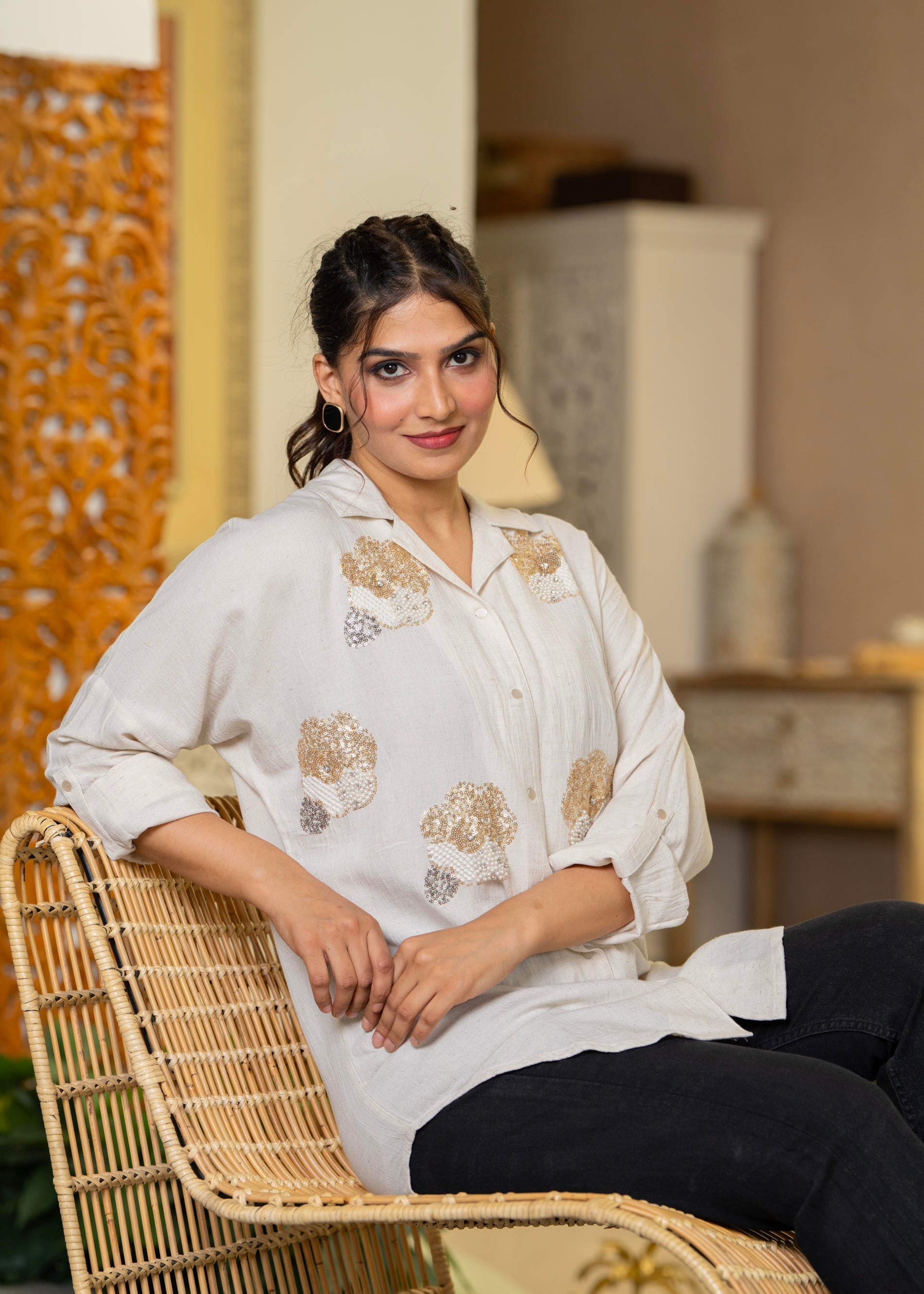 Viscose Linen Off White Embellished Shirt with Sequin & Bead Details |