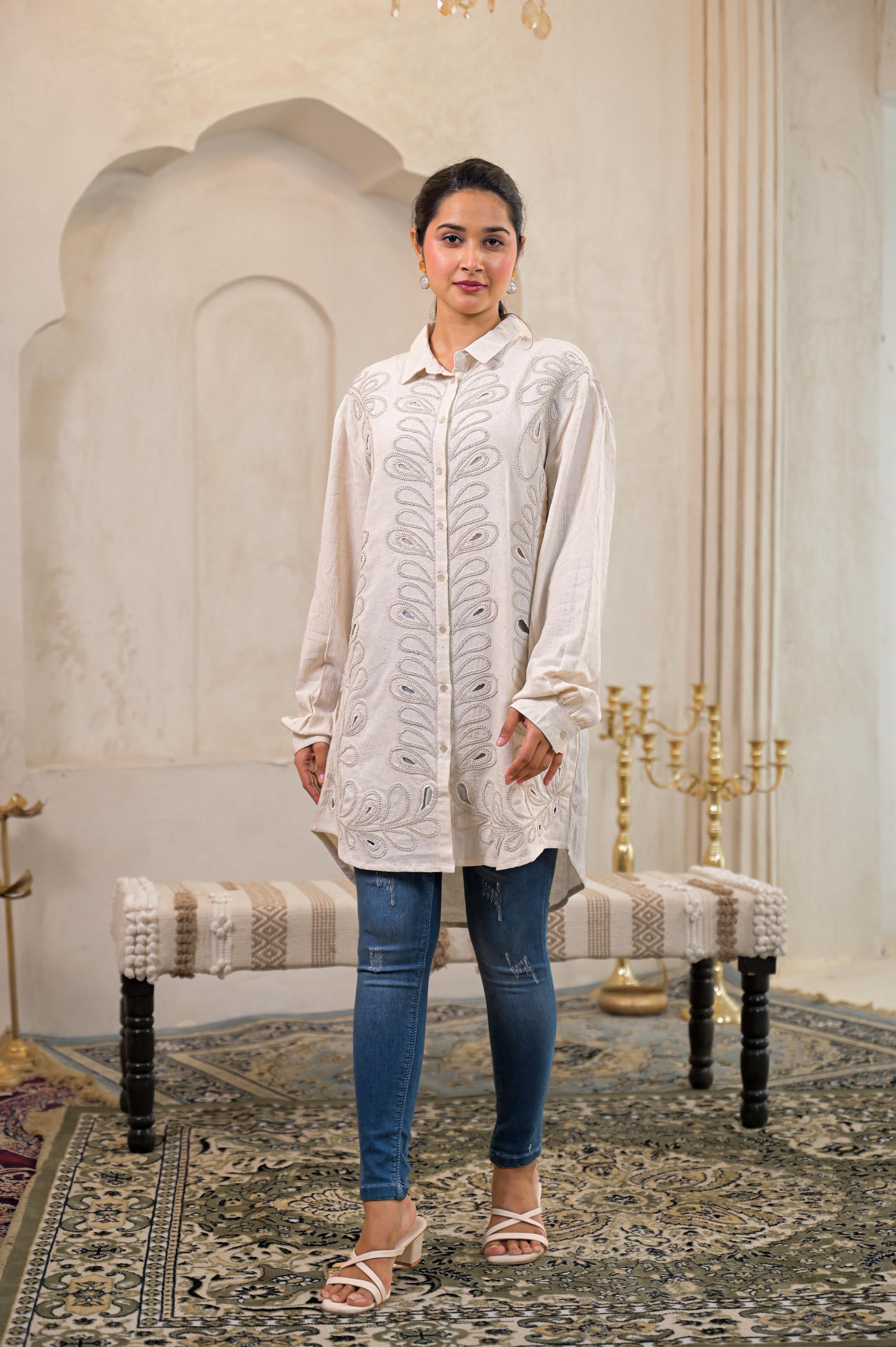 Off-White Embroidered Viscose-Linen Shirt with Zari Work | DesiQlo