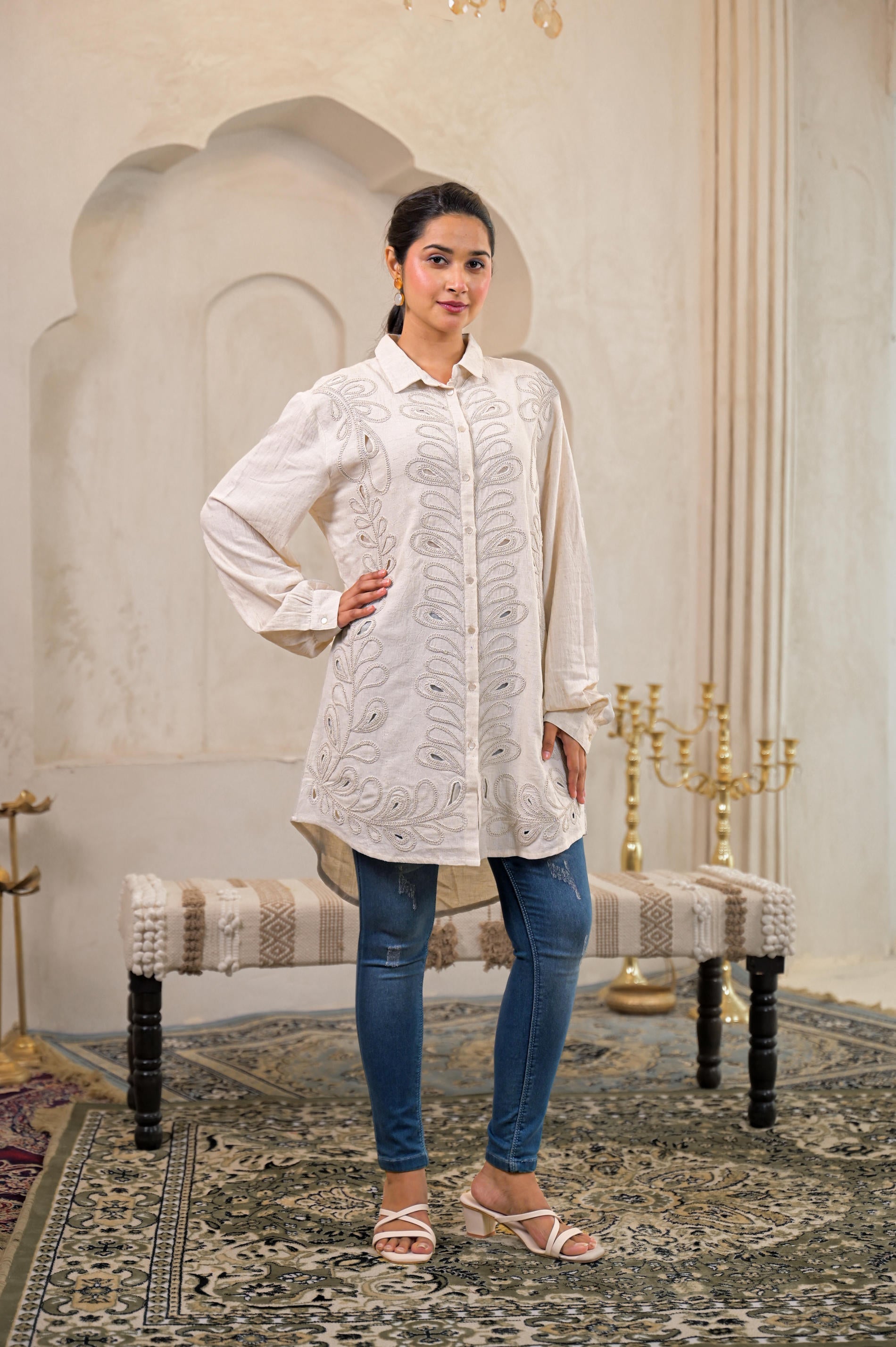 Off-White Embroidered Viscose-Linen Shirt with Zari Work | DesiQlo