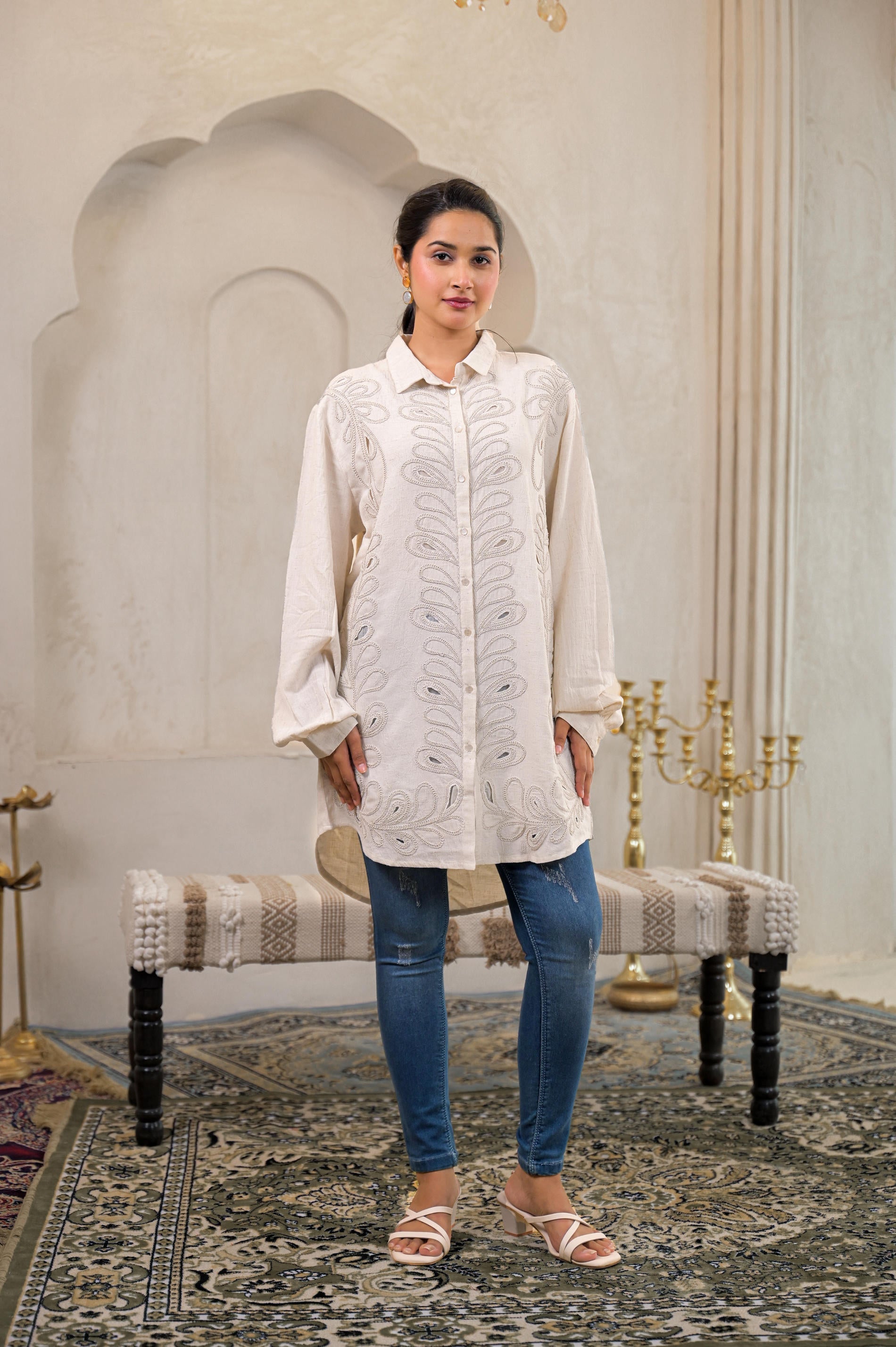Off-White Embroidered Viscose-Linen Shirt with Zari Work | DesiQlo