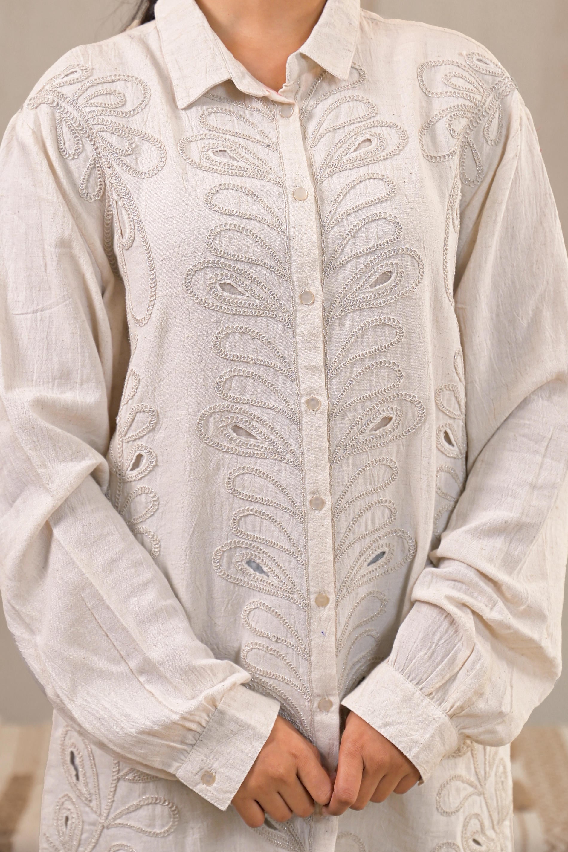 Off-White Embroidered Viscose-Linen Shirt with Zari Work | DesiQlo