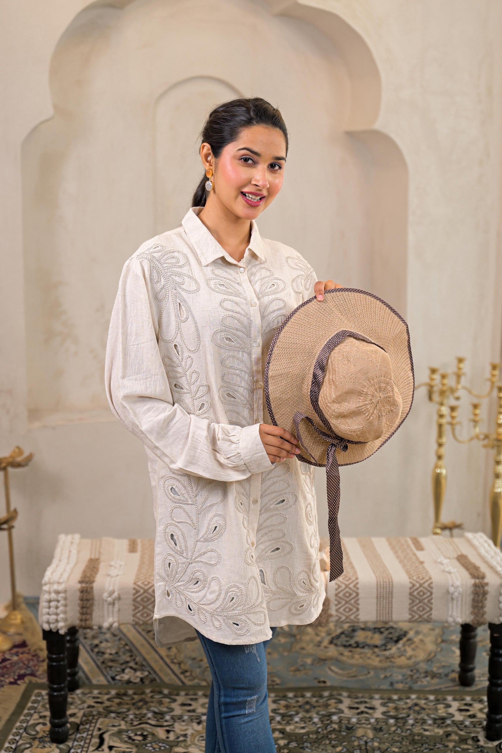 Off-White Embroidered Viscose-Linen Shirt with Zari Work | DesiQlo