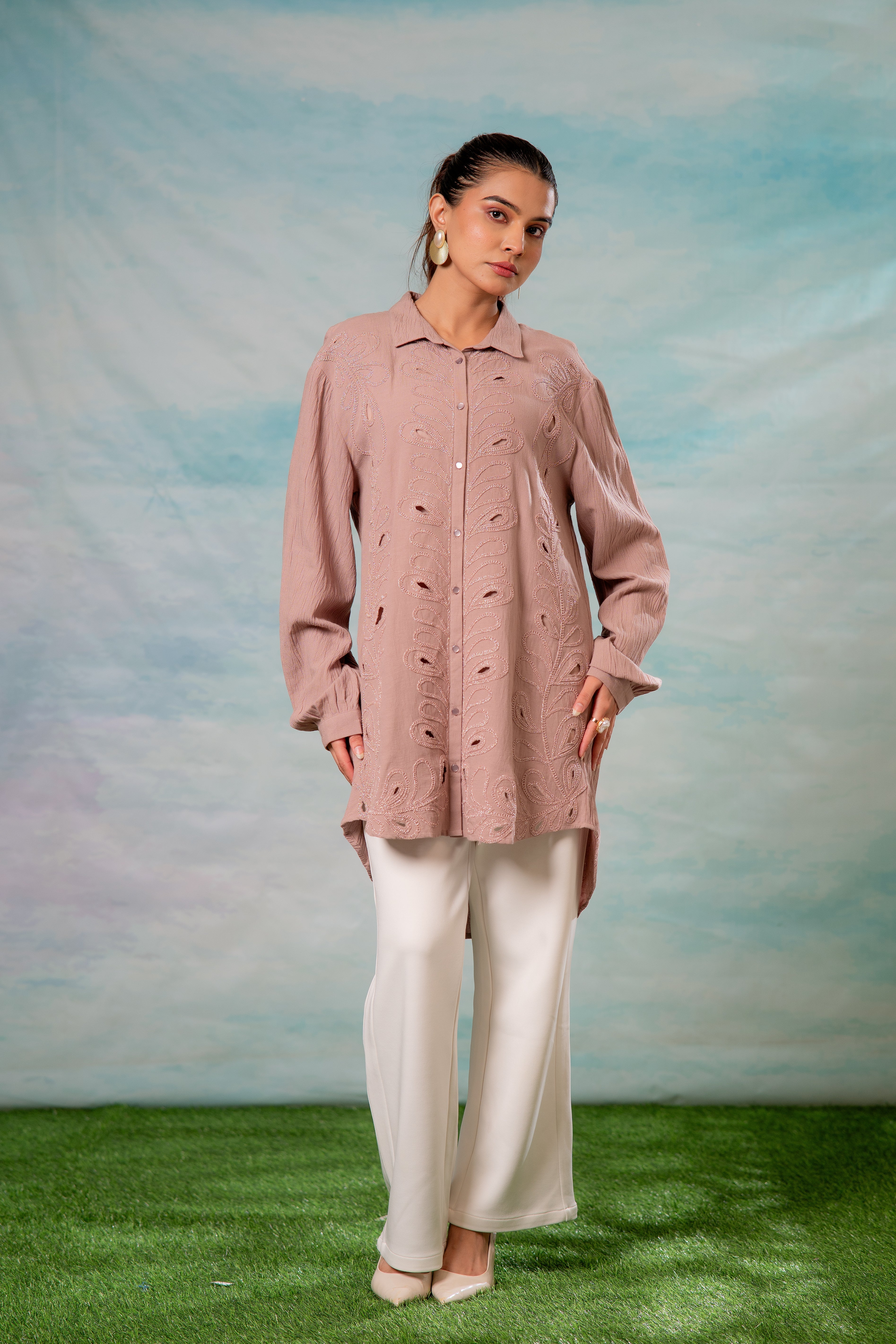 Pink Embroidered Viscose-Linen Shirt with Zari Work | DesiQlo