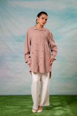 Pink Embroidered Viscose-Linen Shirt with Zari Work