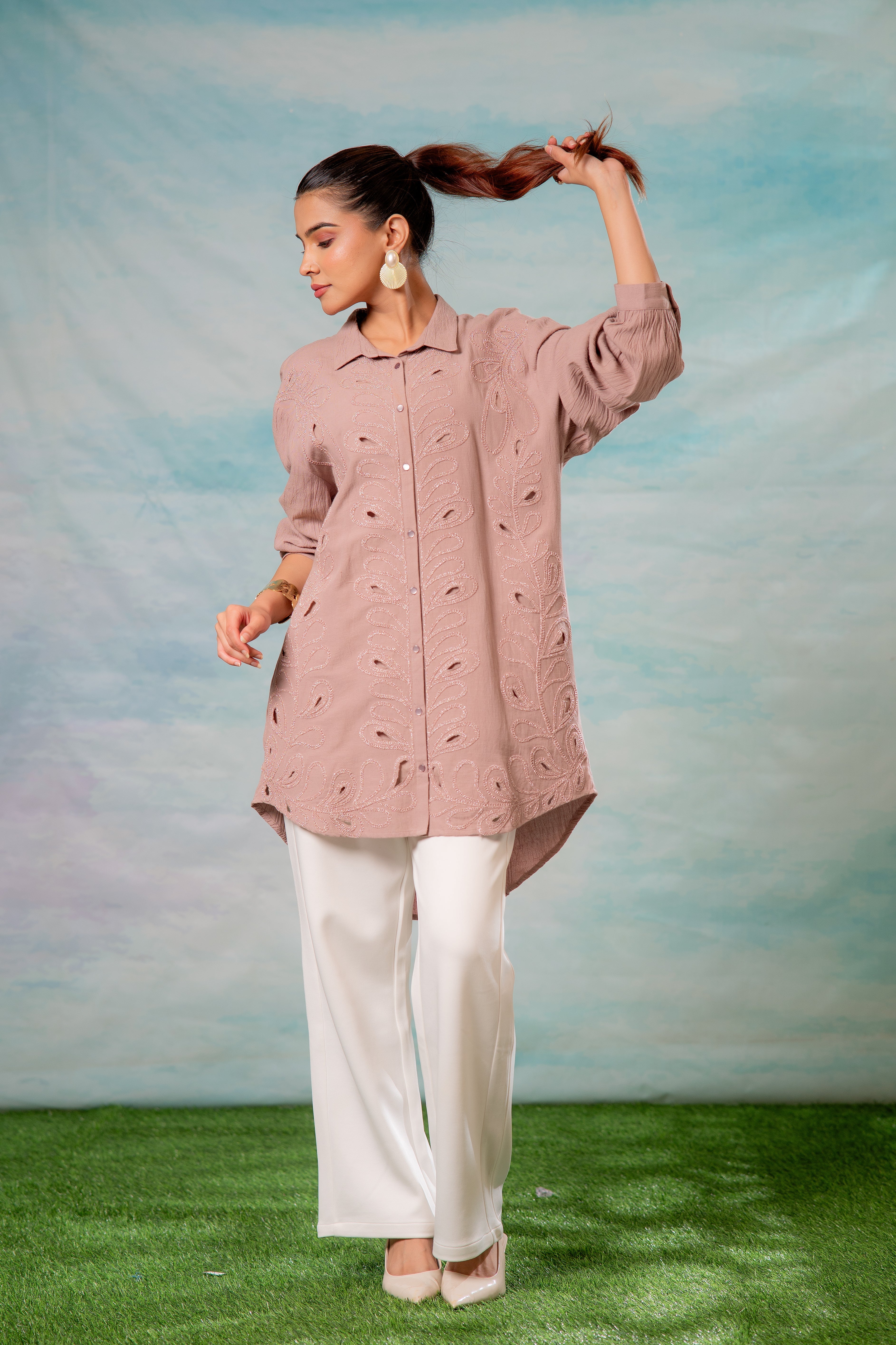 Pink Embroidered Viscose-Linen Shirt with Zari Work | DesiQlo