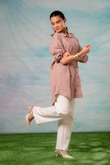 Pink Embroidered Viscose-Linen Shirt with Zari Work