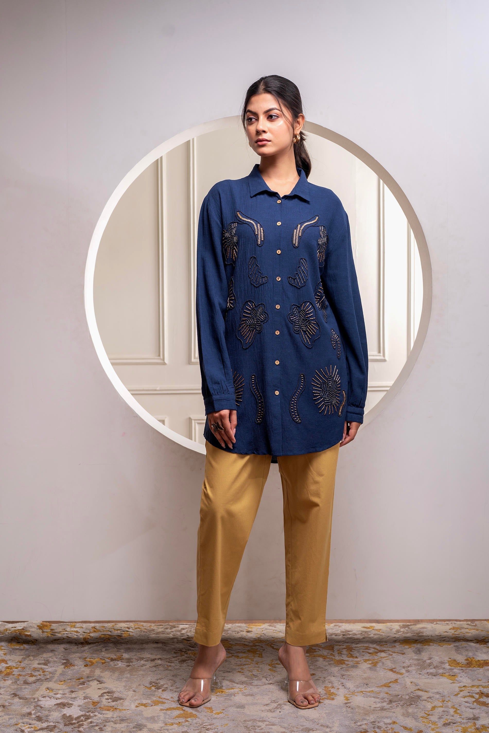 Navy Solid Viscose Shirt with Beads and Sequence Work | DesiQlo