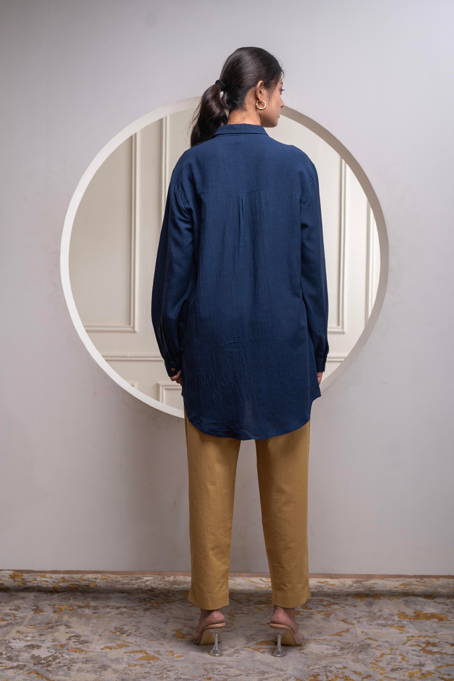 Navy Solid Viscose Shirt with Beads and Sequence Work | DesiQlo