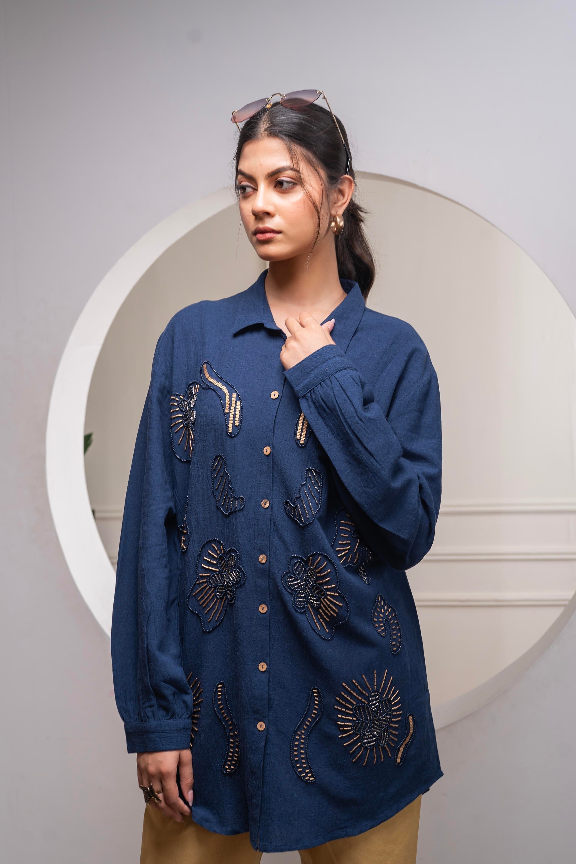 Navy Solid Viscose Shirt with Beads and Sequence Work | DesiQlo