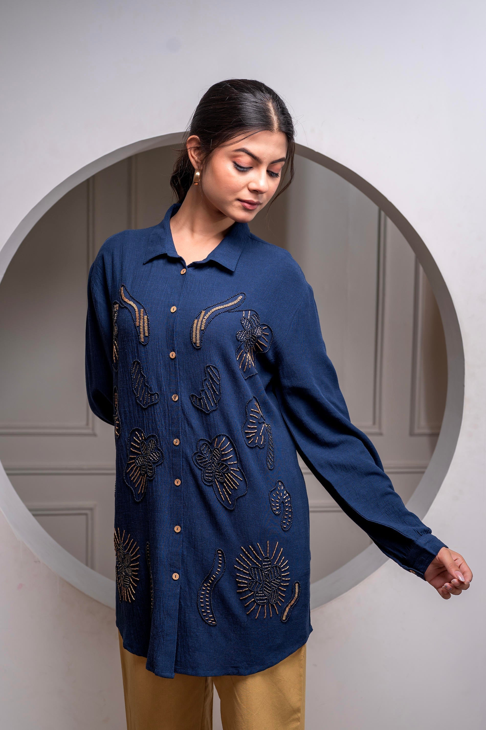 Navy Solid Viscose Shirt with Beads and Sequence Work | DesiQlo