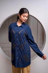 Navy Solid Viscose Shirt with Beads and Sequence Work