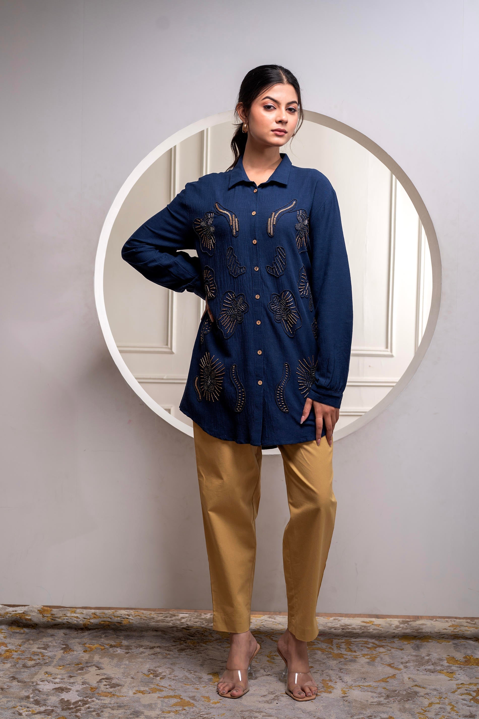 Navy Solid Viscose Shirt with Beads and Sequence Work | DesiQlo