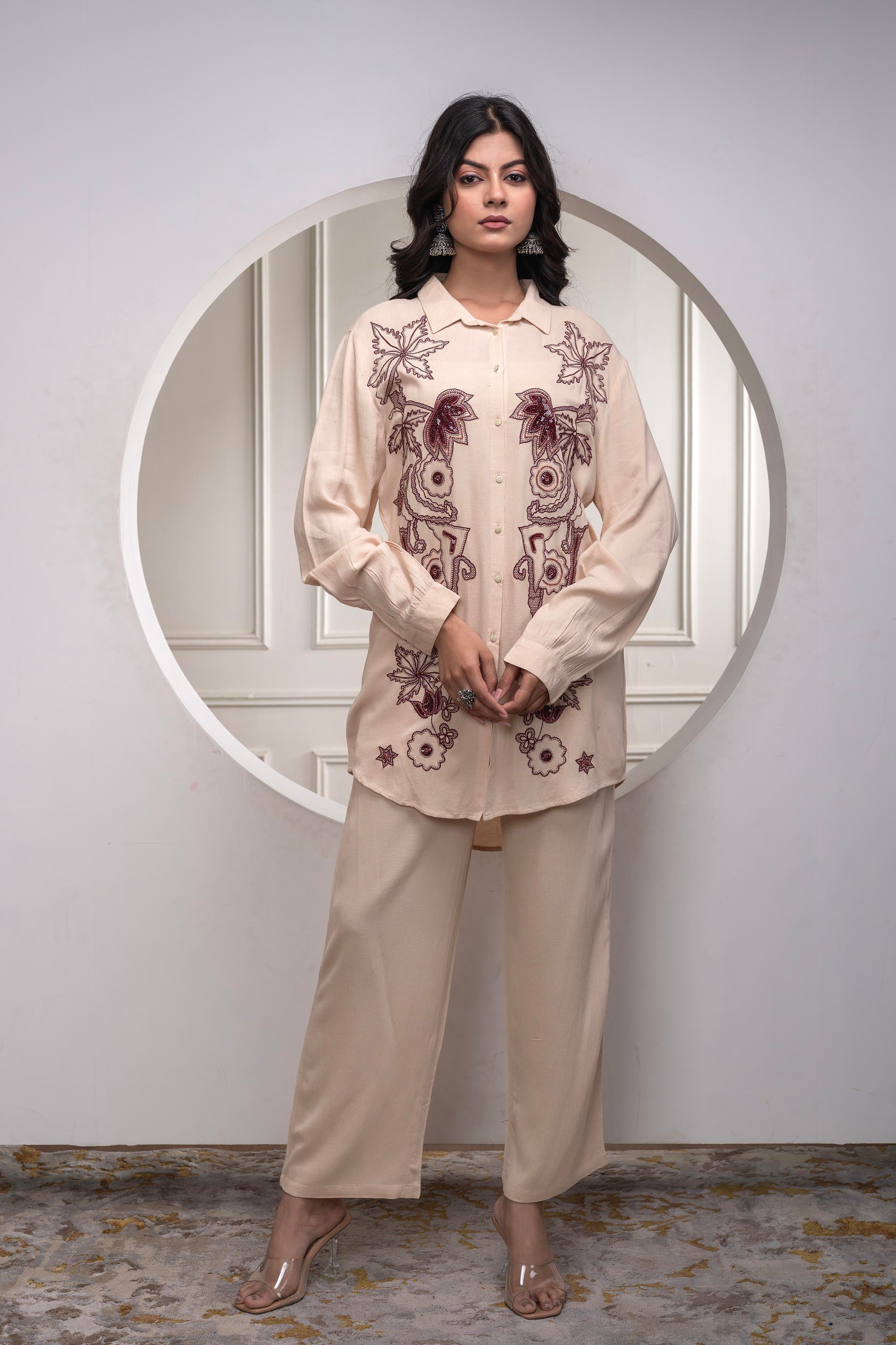 Viscose Linen Cream Maroon Embellished Shirt and Pant Co-Ord Set with 