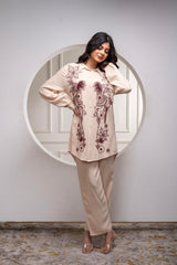 Viscose Linen Cream Maroon Embellished Shirt and Pant Co-Ord Set with Sequin & Bead Details