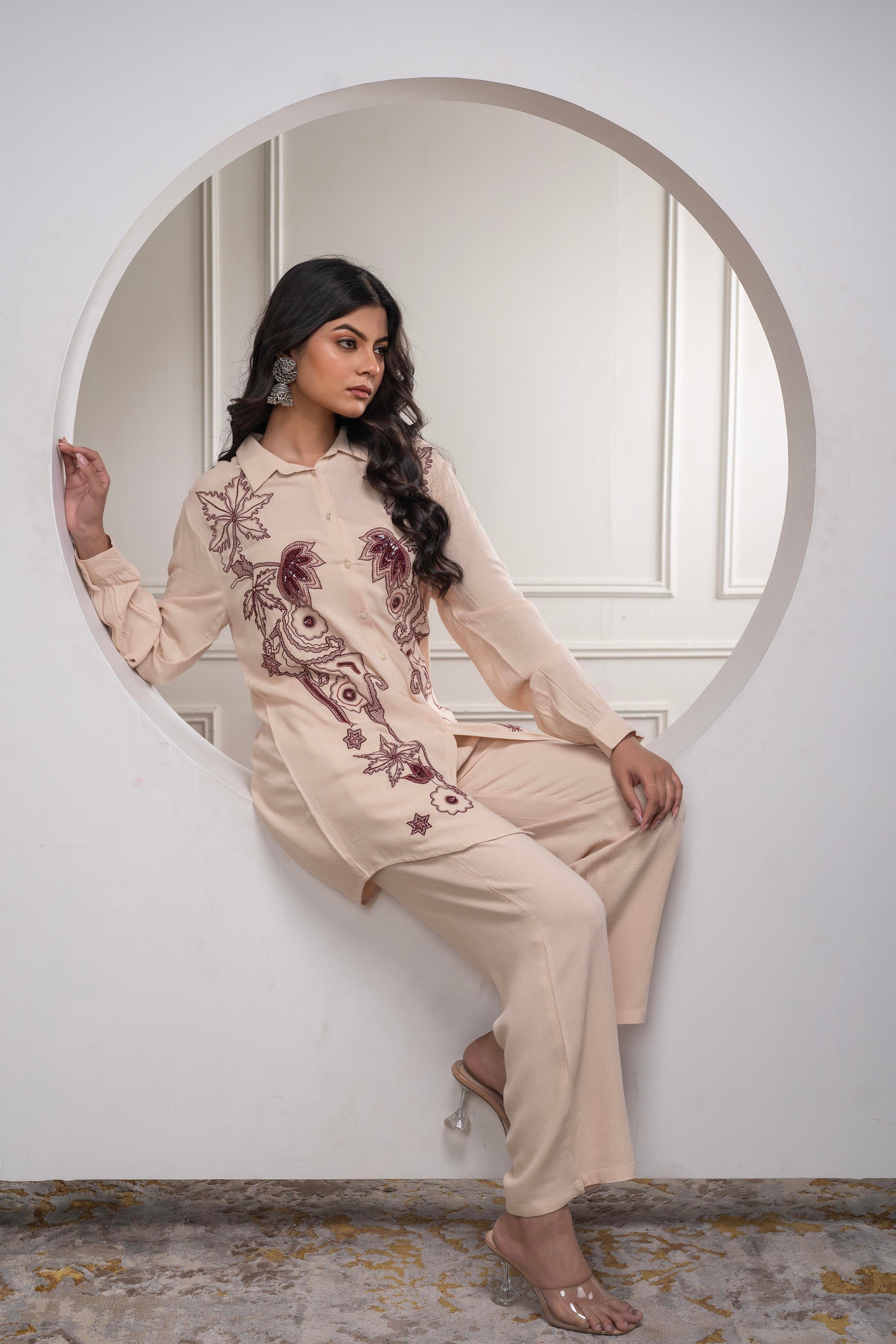 Viscose Linen Cream Maroon Embellished Shirt and Pant Co-Ord Set with 