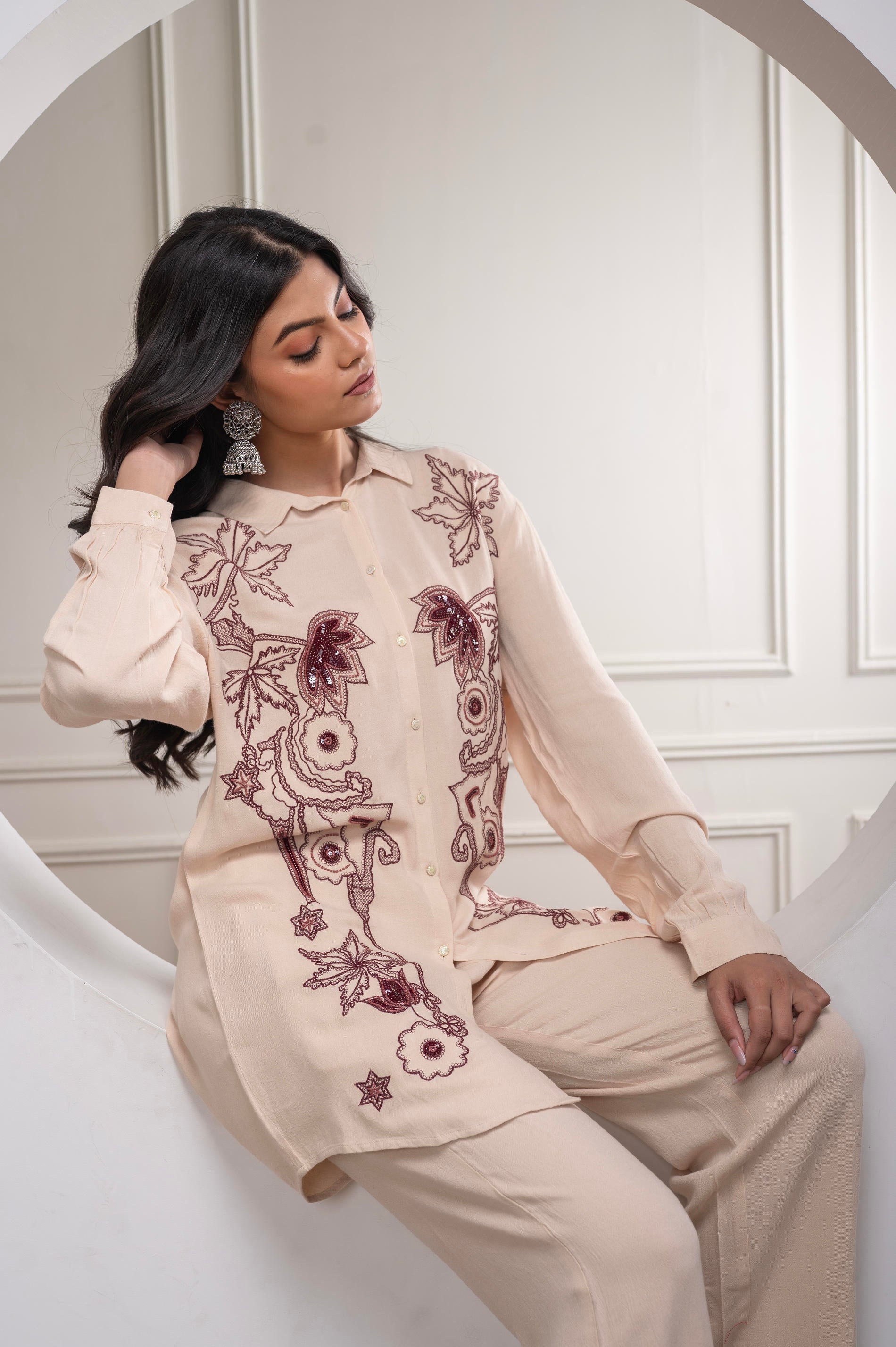 Viscose Linen Cream Maroon Embellished Shirt and Pant Co-Ord Set with 