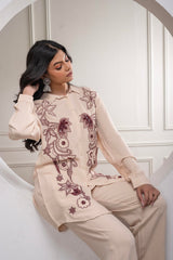 Viscose Linen Cream Maroon Embellished Shirt and Pant Co-Ord Set with Sequin & Bead Details
