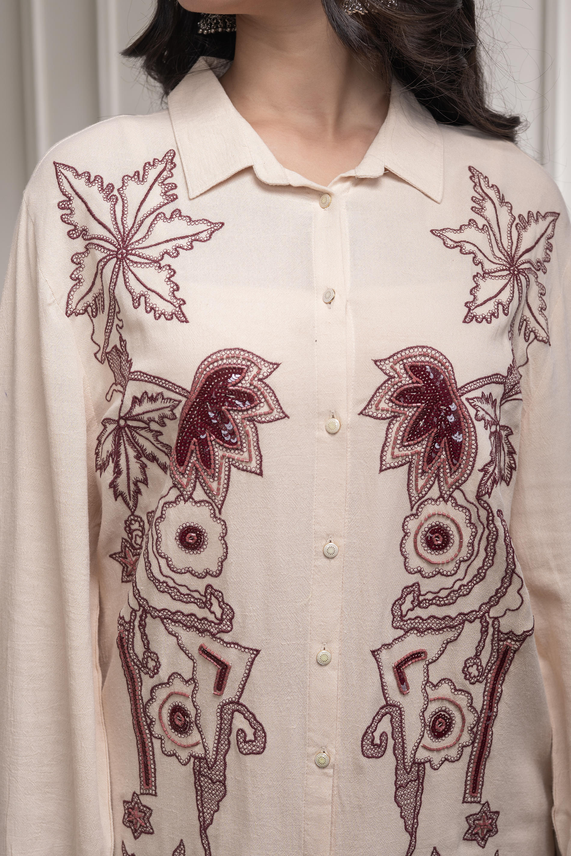 Viscose Linen Cream Maroon Embellished Shirt and Pant Co-Ord Set with 