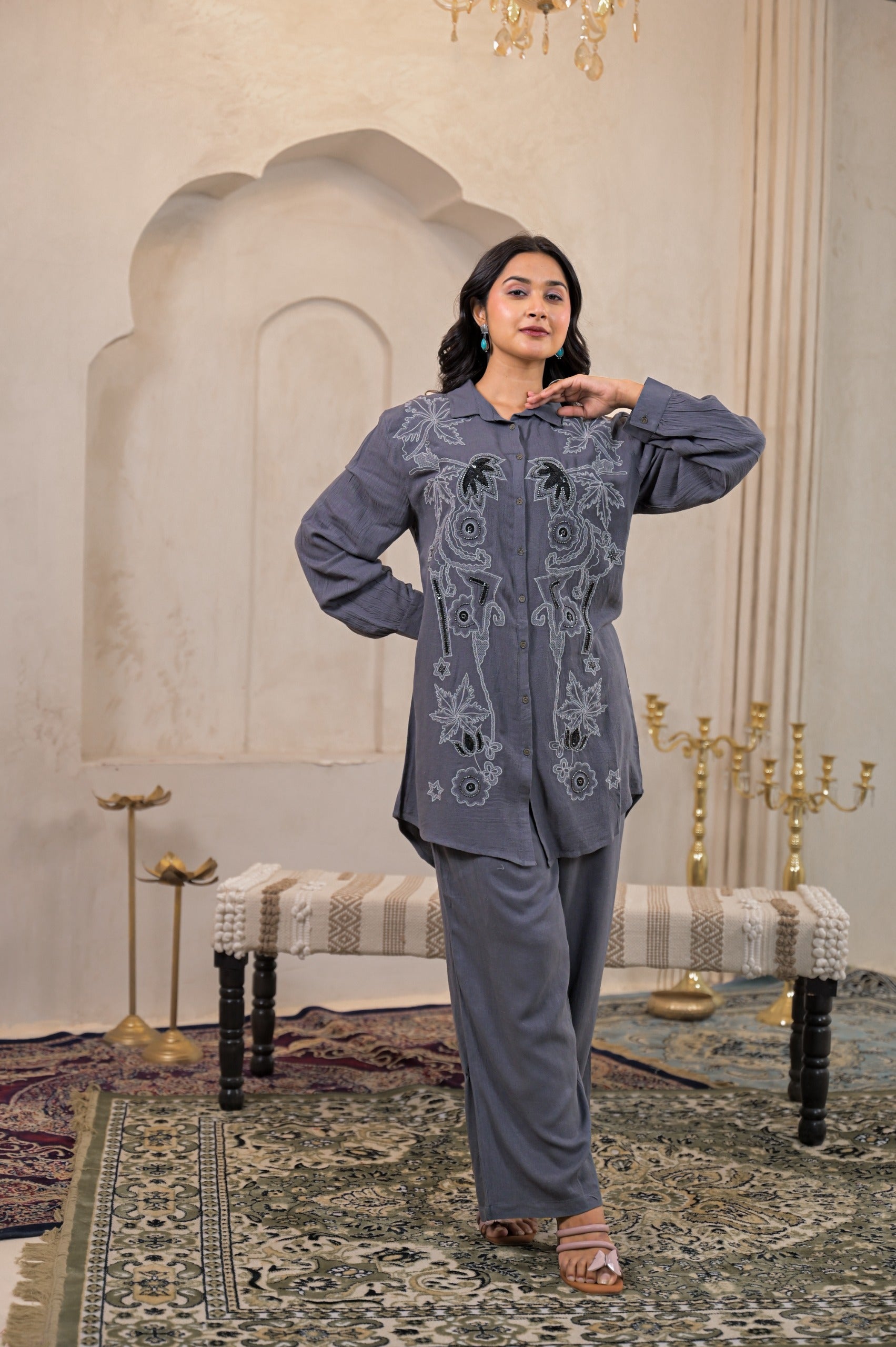 Viscose Linen Grey Embellished Shirt and Pant Co-Ord Set with Sequin &
