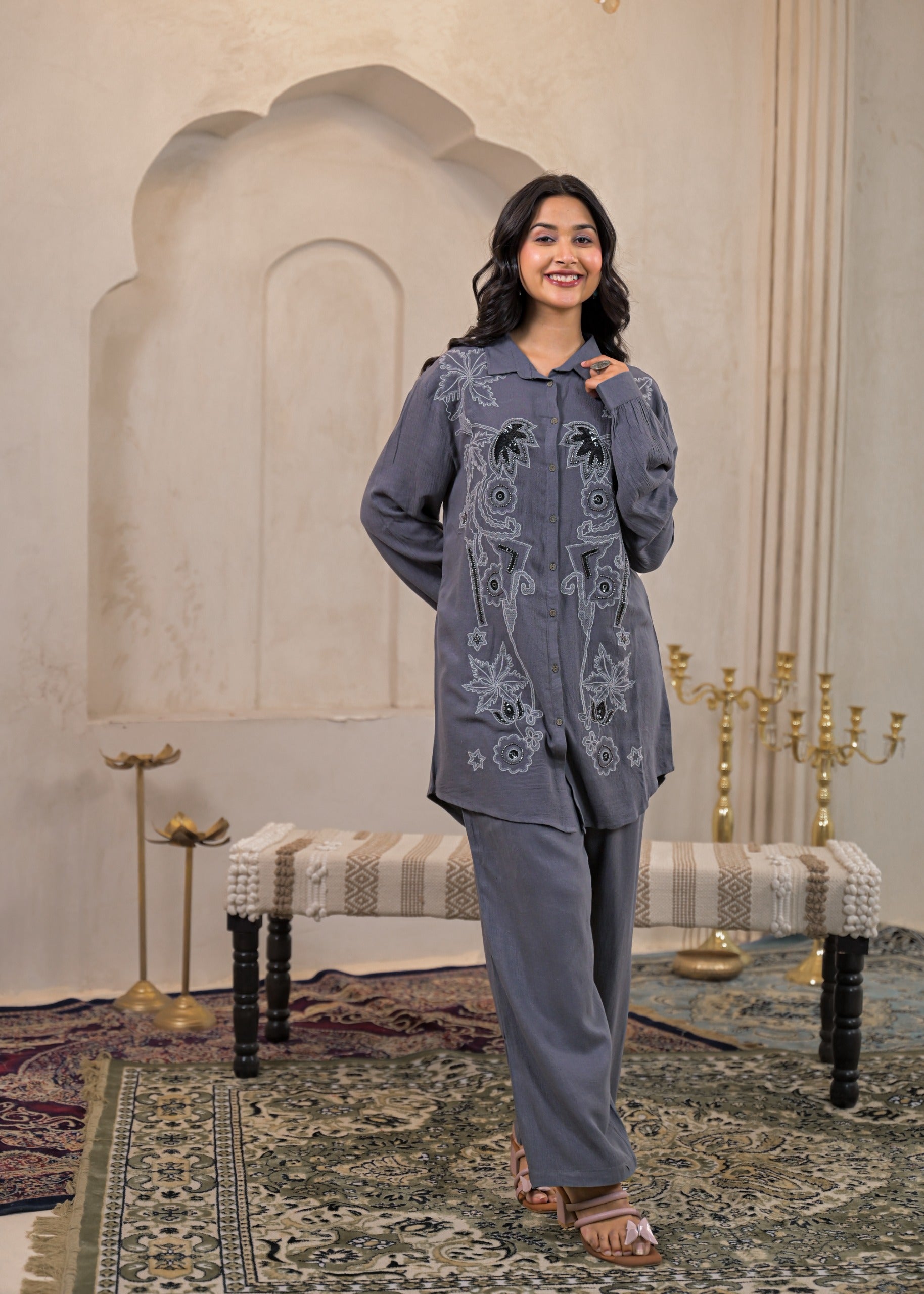 Viscose Linen Grey Embellished Shirt and Pant Co-Ord Set with Sequin &