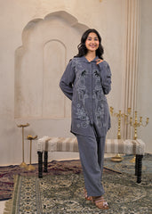 Viscose Linen Grey Embellished Shirt and Pant Co-Ord Set with Sequin & Bead Details