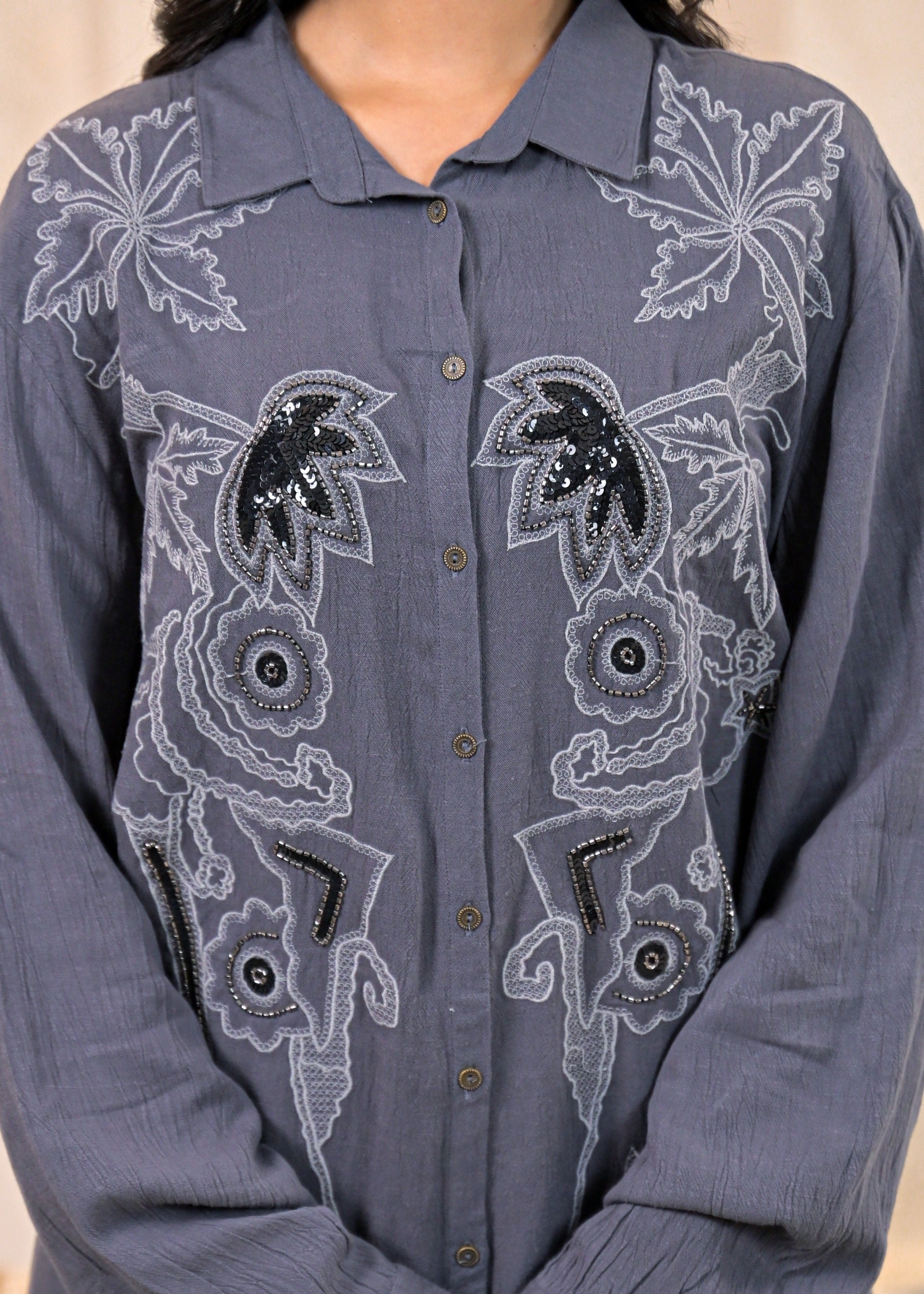 Viscose Linen Grey Embellished Shirt and Pant Co-Ord Set with Sequin &