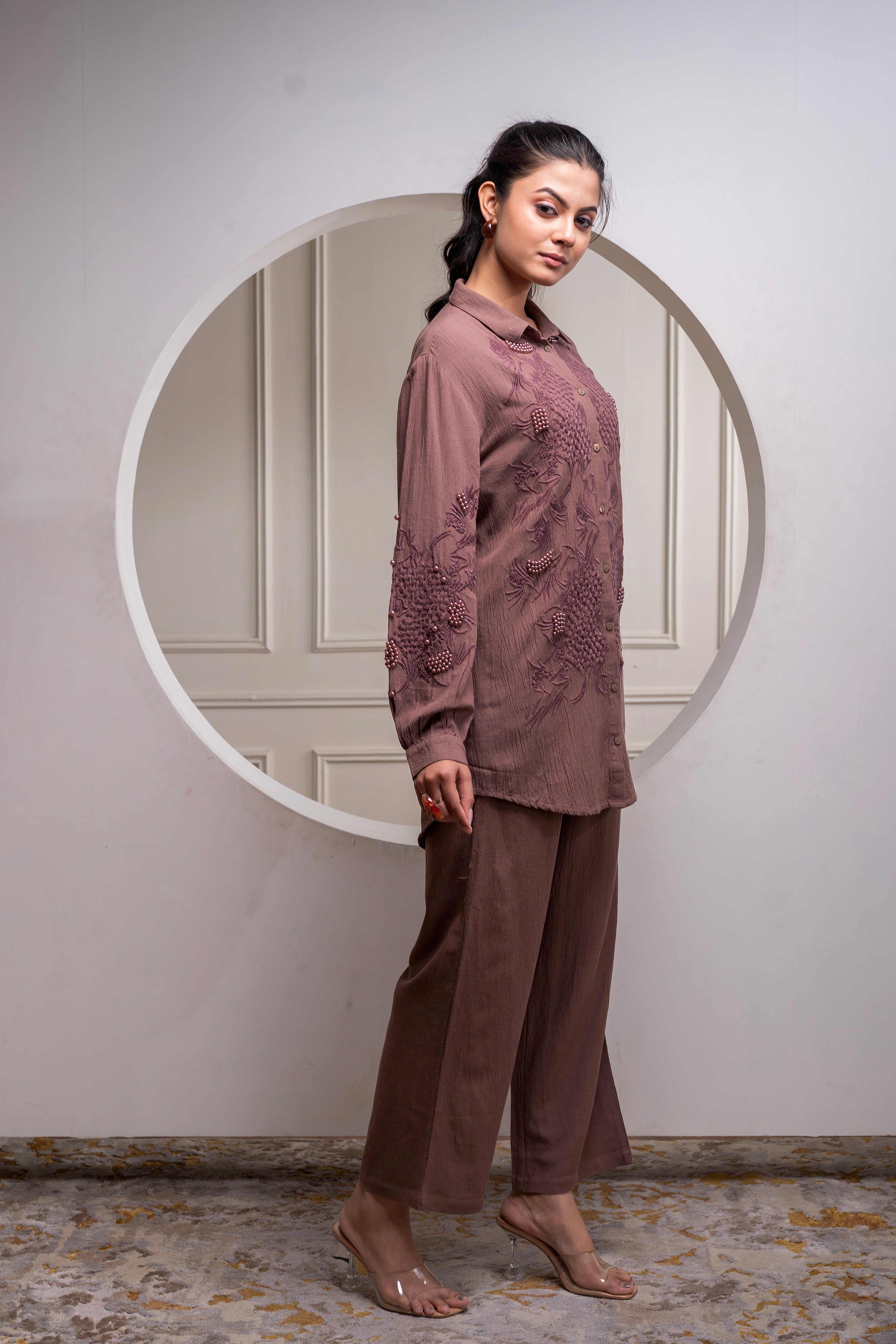 Brown Embellished Viscose Co-ord Set with Bead Details | DesiQlo