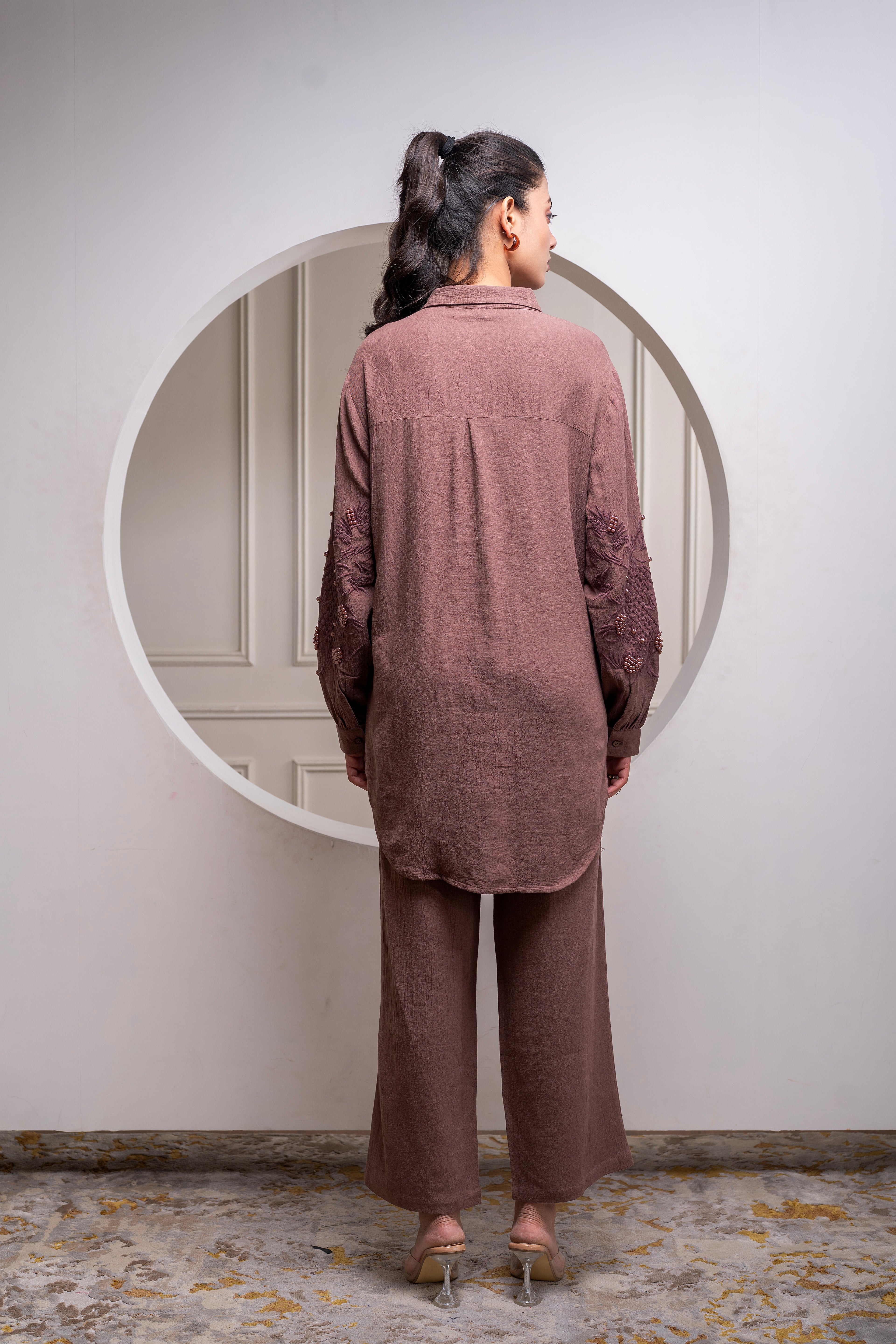Brown Embellished Viscose Co-ord Set with Bead Details | DesiQlo