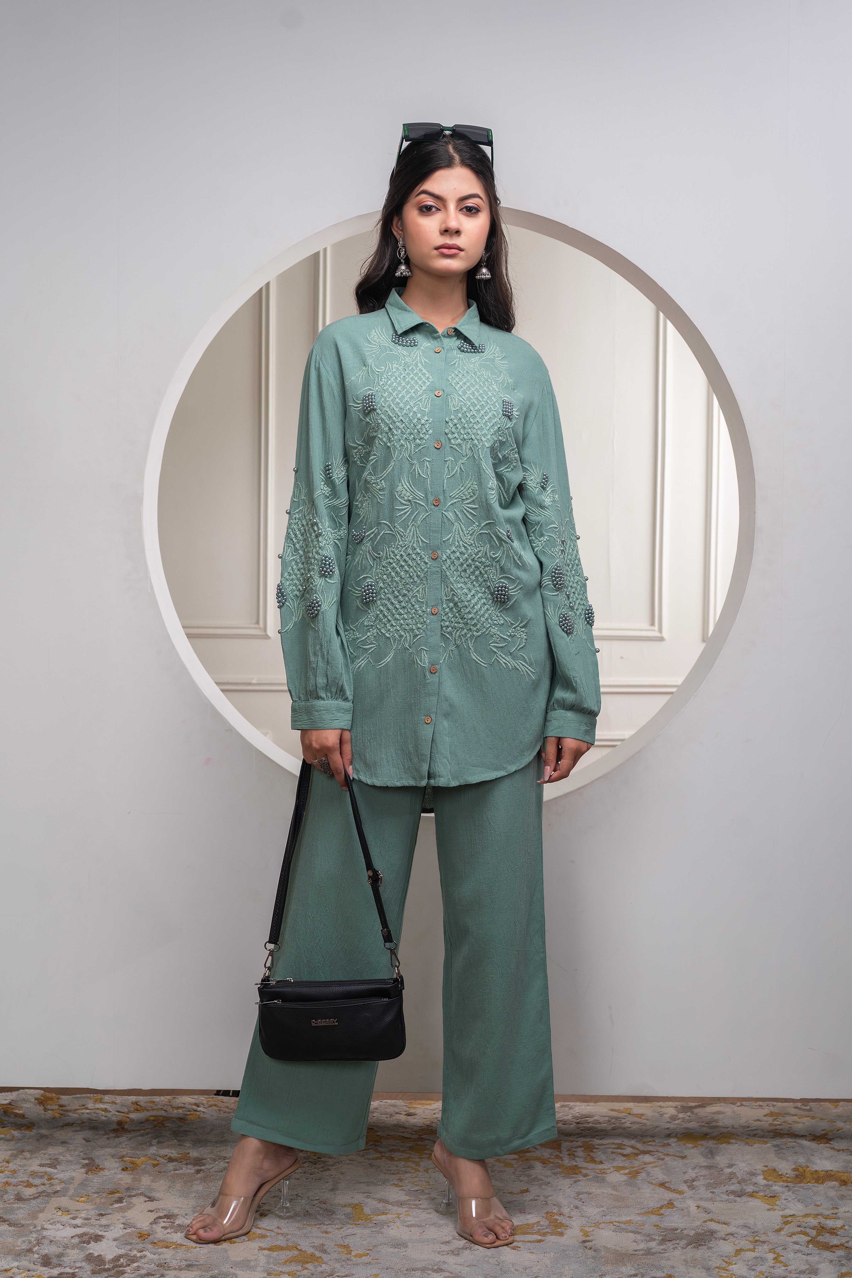Sage Green Embellished Viscose Co-ord Set with Bead Details | DesiQlo