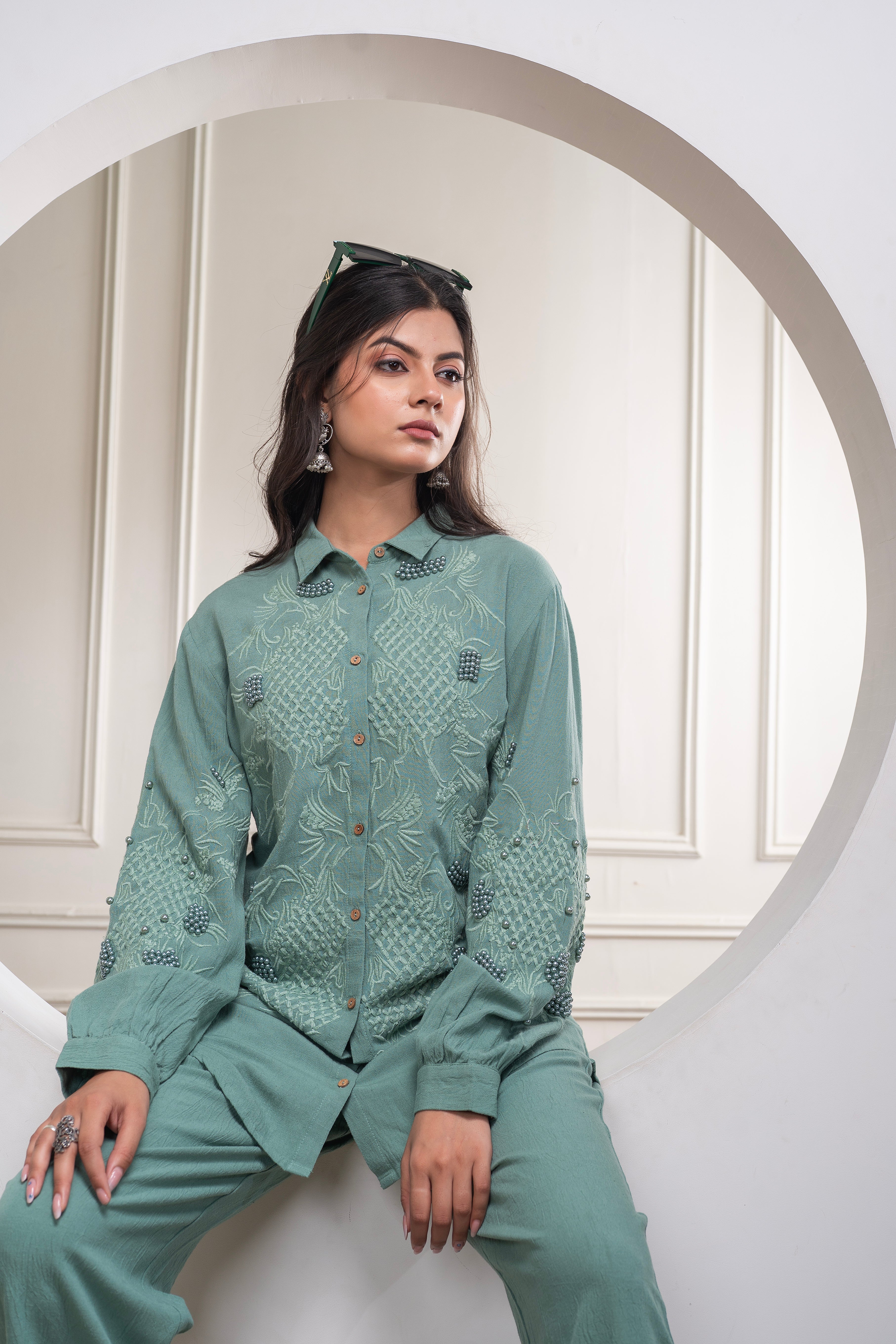 Sage Green Embellished Viscose Co-ord Set with Bead Details | DesiQlo
