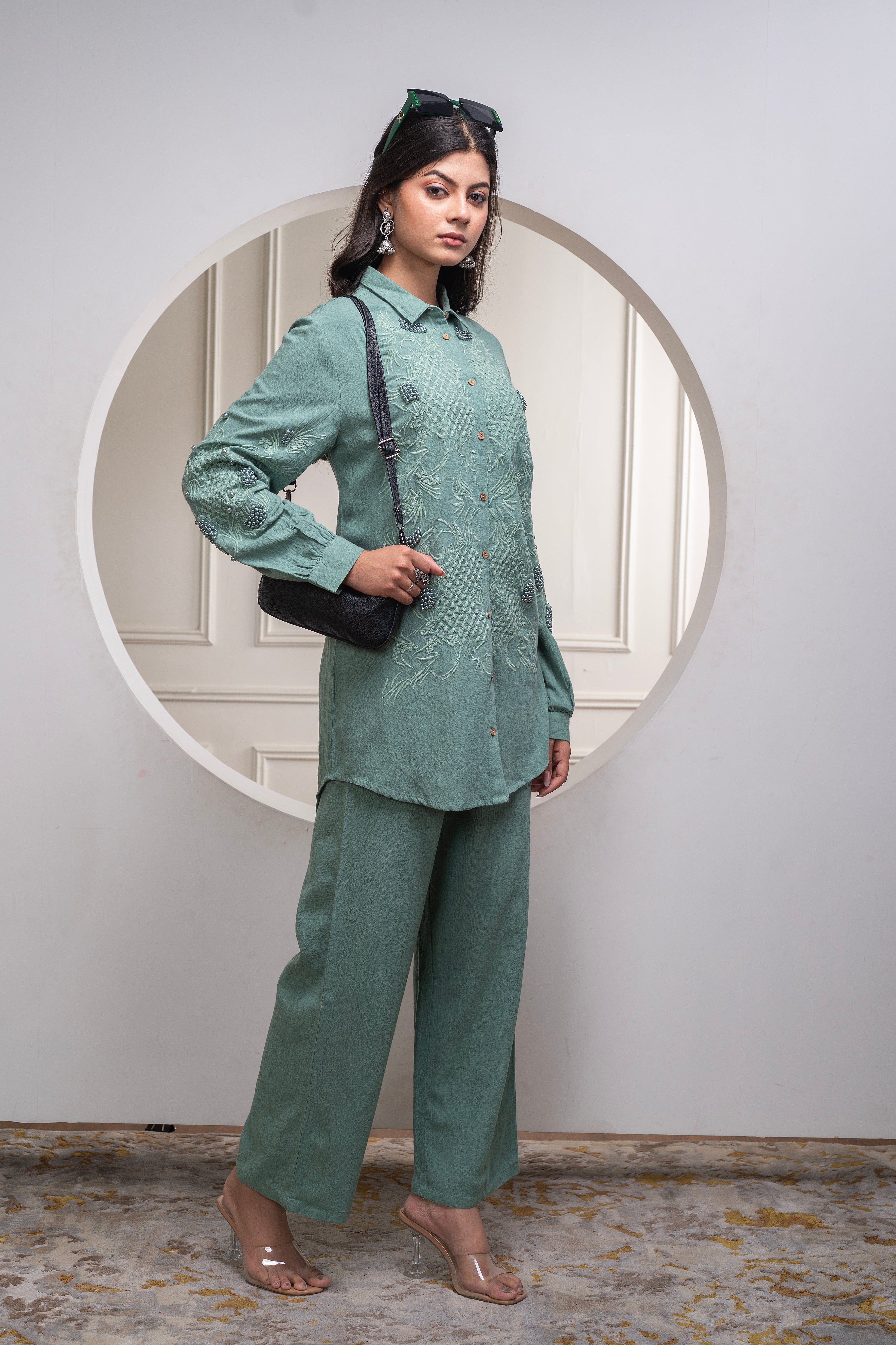 Sage Green Embellished Viscose Co-ord Set with Bead Details | DesiQlo