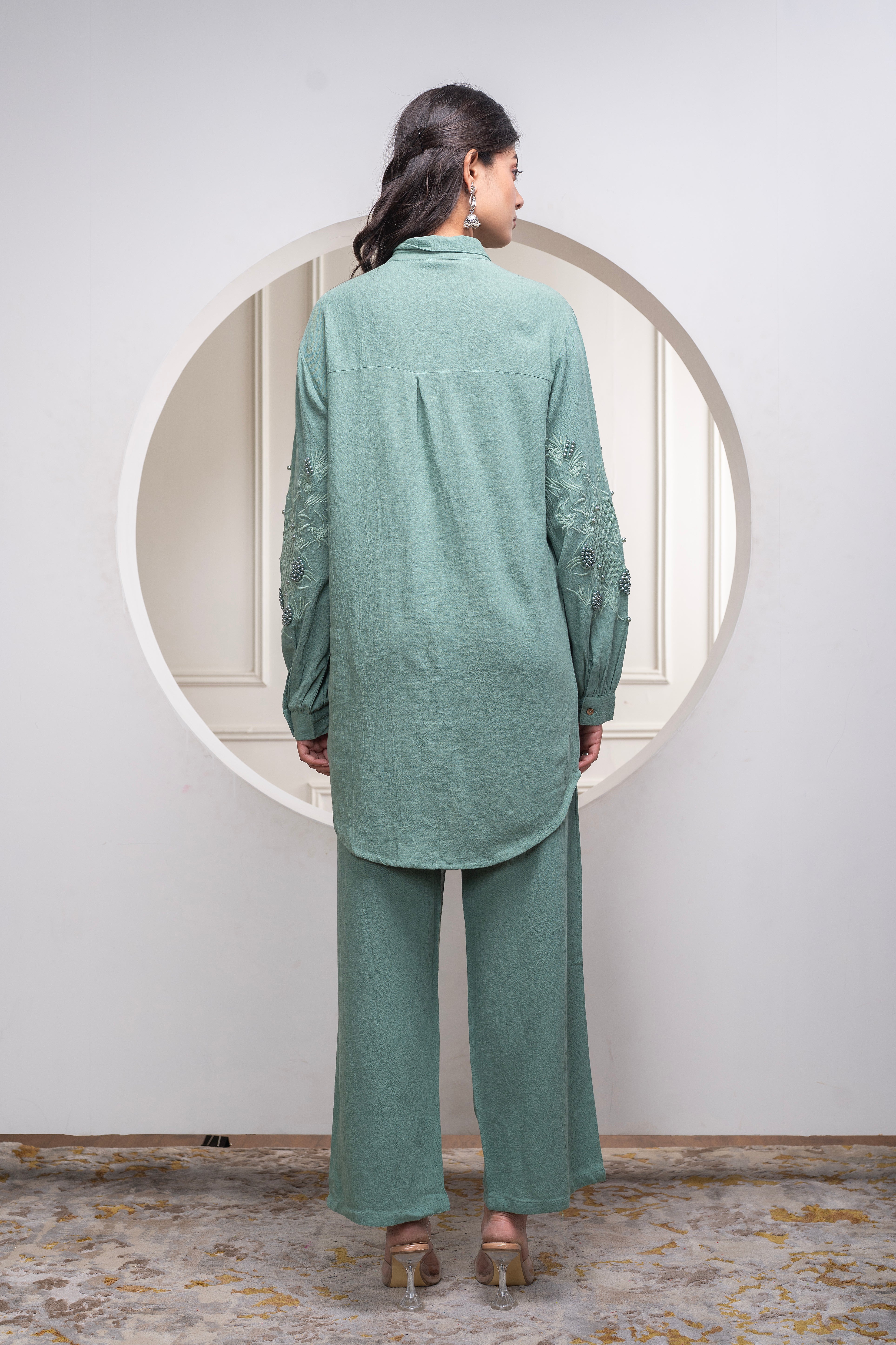 Sage Green Embellished Viscose Co-ord Set with Bead Details | DesiQlo