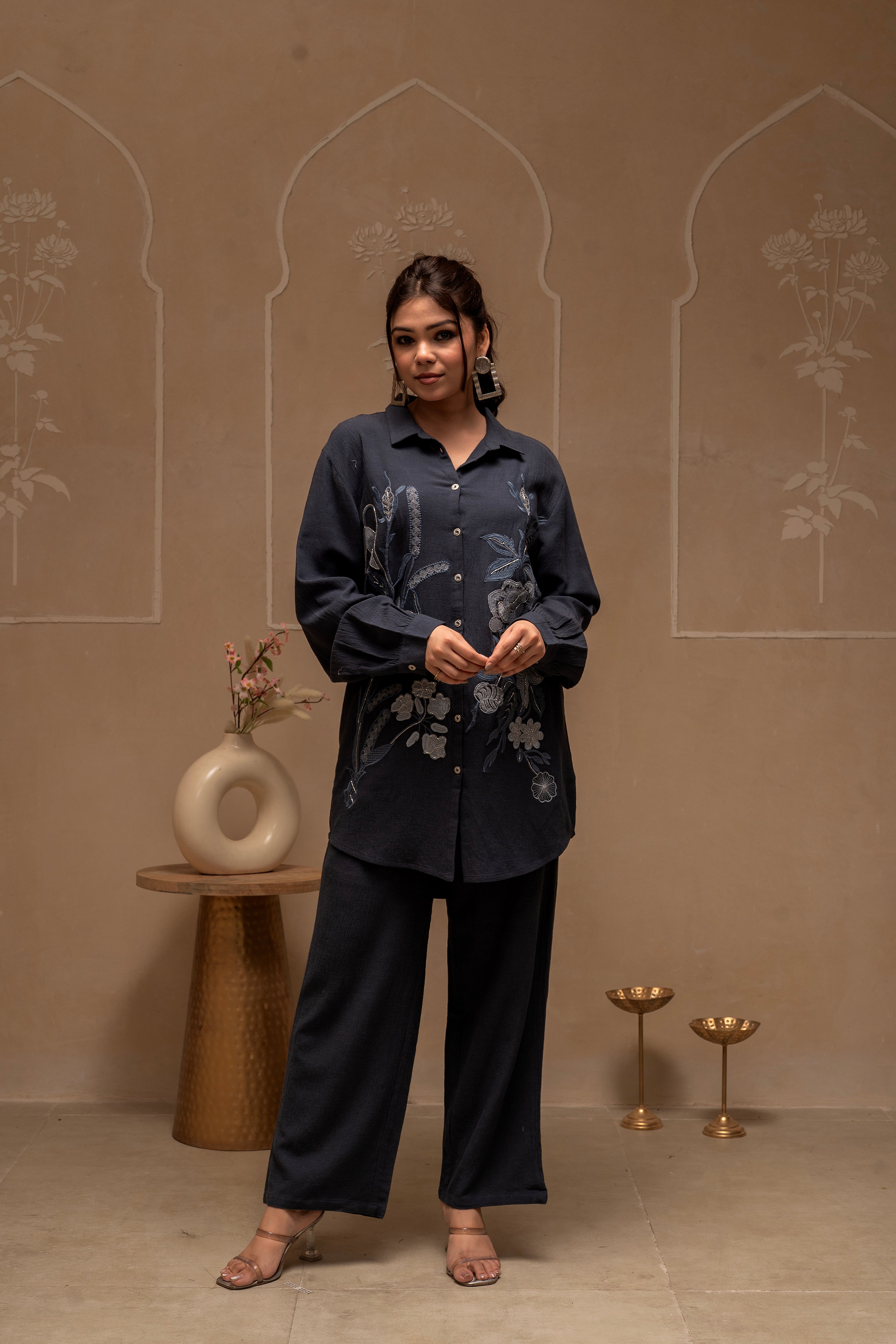 Grey Embroidered Viscose Co-ord Set with Thread Work Detailing | DesiQ
