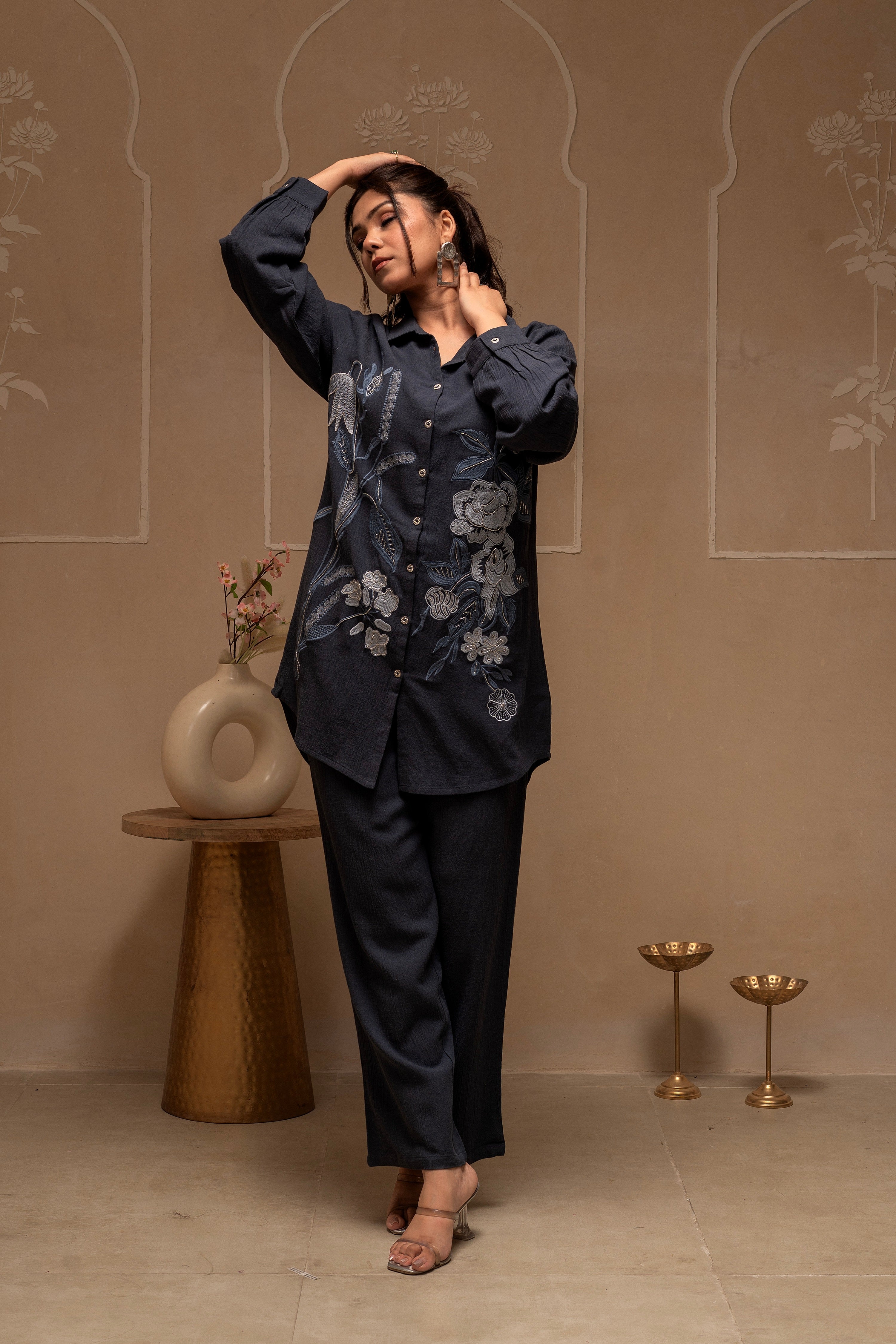 Grey Embroidered Viscose Co-ord Set with Thread Work Detailing | DesiQ