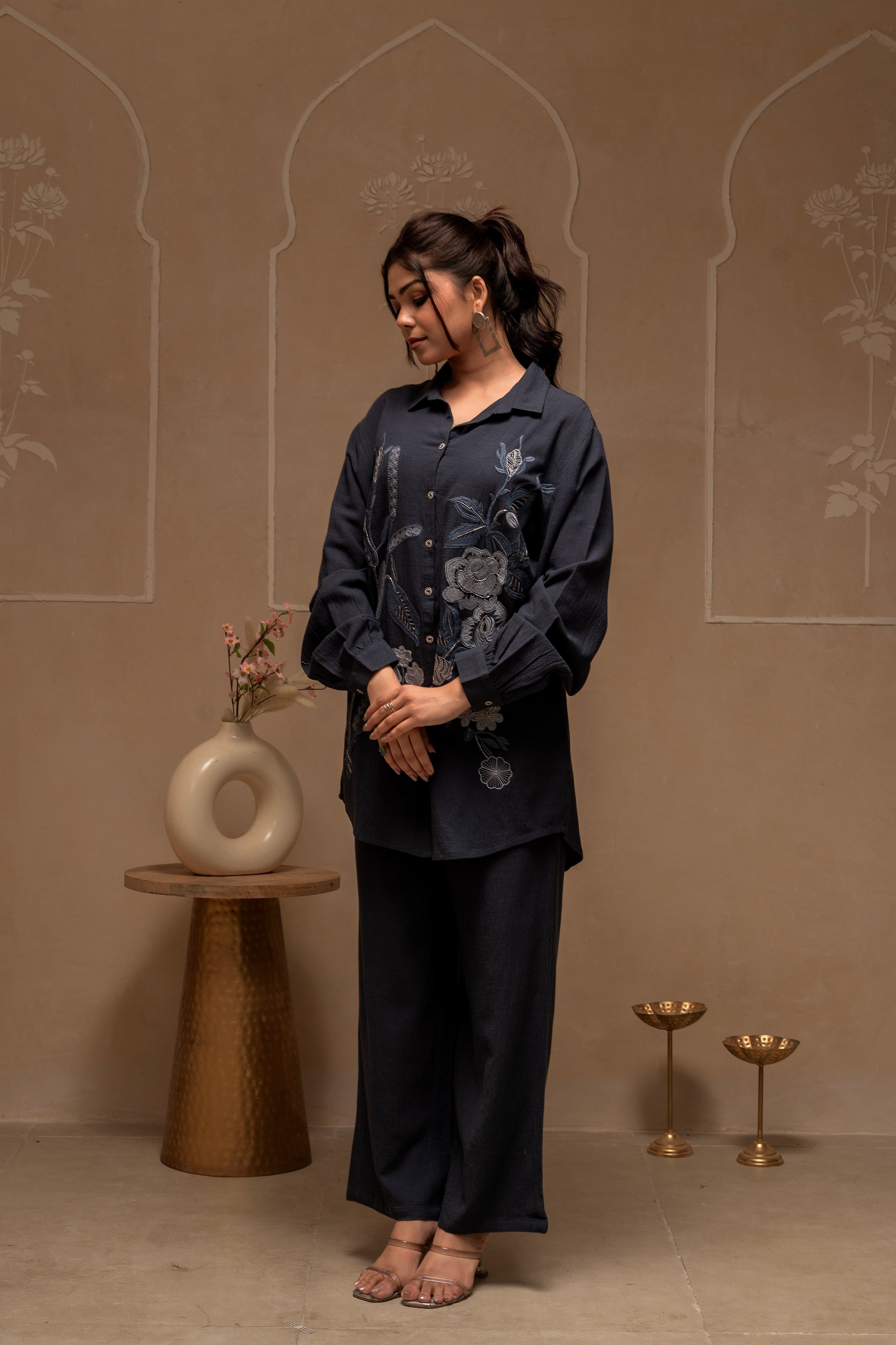 Grey Embroidered Viscose Co-ord Set with Thread Work Detailing | DesiQ