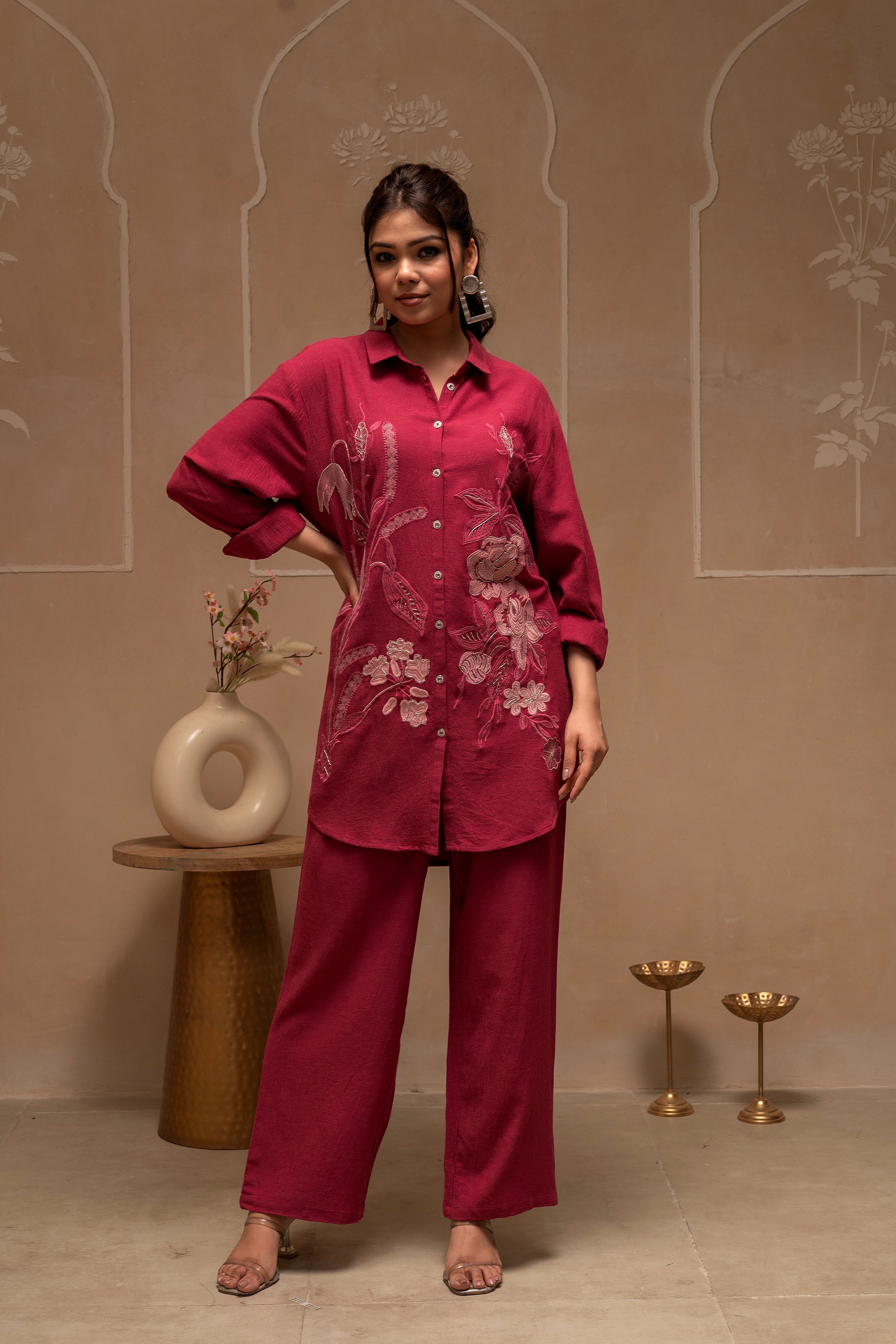 Rose Pink Embroidered Viscose Co-ord Set with Thread Work Detailing | 