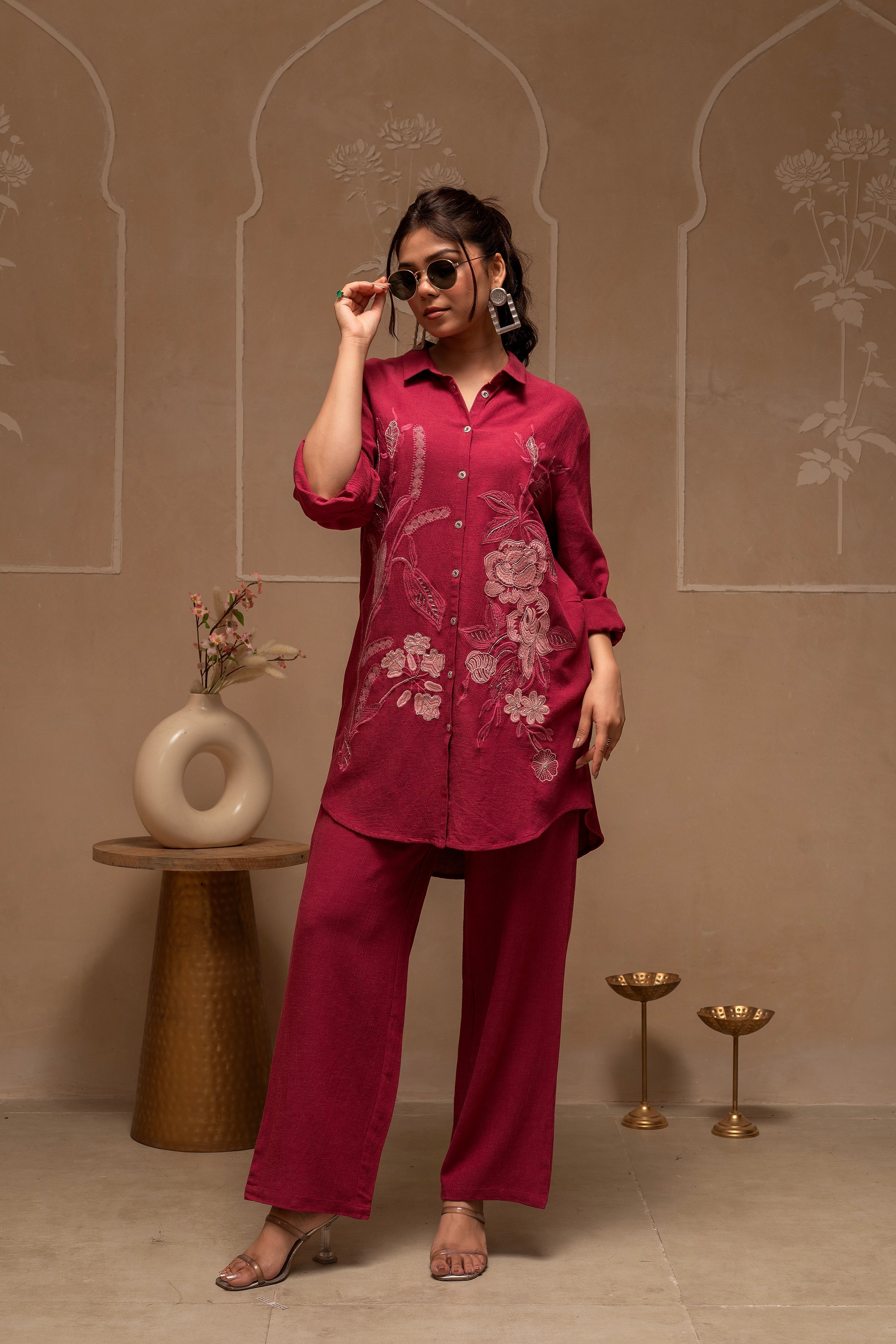 Rose Pink Embroidered Viscose Co-ord Set with Thread Work Detailing | 