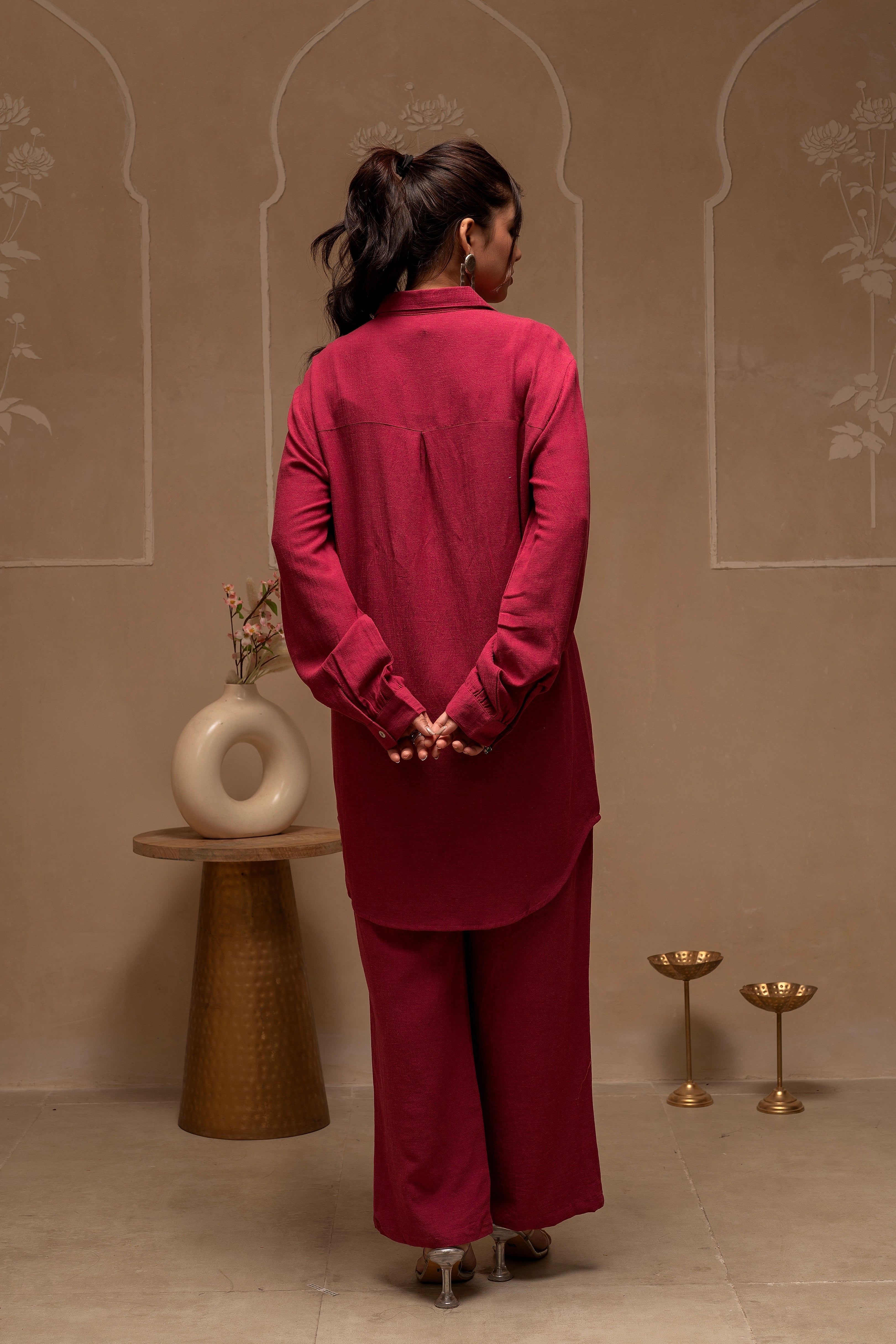 Rose Pink Embroidered Viscose Co-ord Set with Thread Work Detailing | 